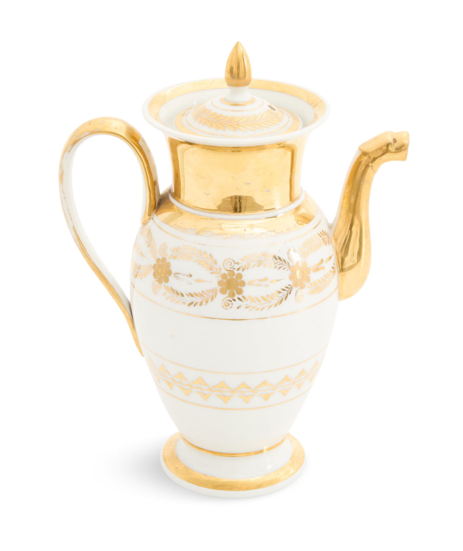 Paris Porcelain Coffeepot: Paris Porcelain Coffeepot second quarter 19th century, the gold and white coffeepot decorated with laurel meander gilt medallions. h. 11-1/4", w. 7-3/4", d. 8" Provenance: Kevin Stone Antiques, The