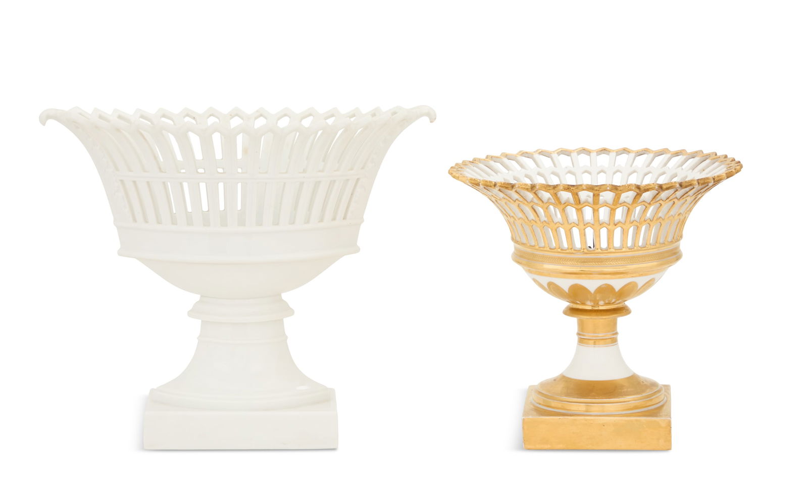 Two French Paris Porcelain Corbeilles: Two French Paris Porcelain Corbeilles first quarter 19th century, including an anneau d'or example with a delicate tooled gilt garland of laurel leaves below the pierced body, above carefully