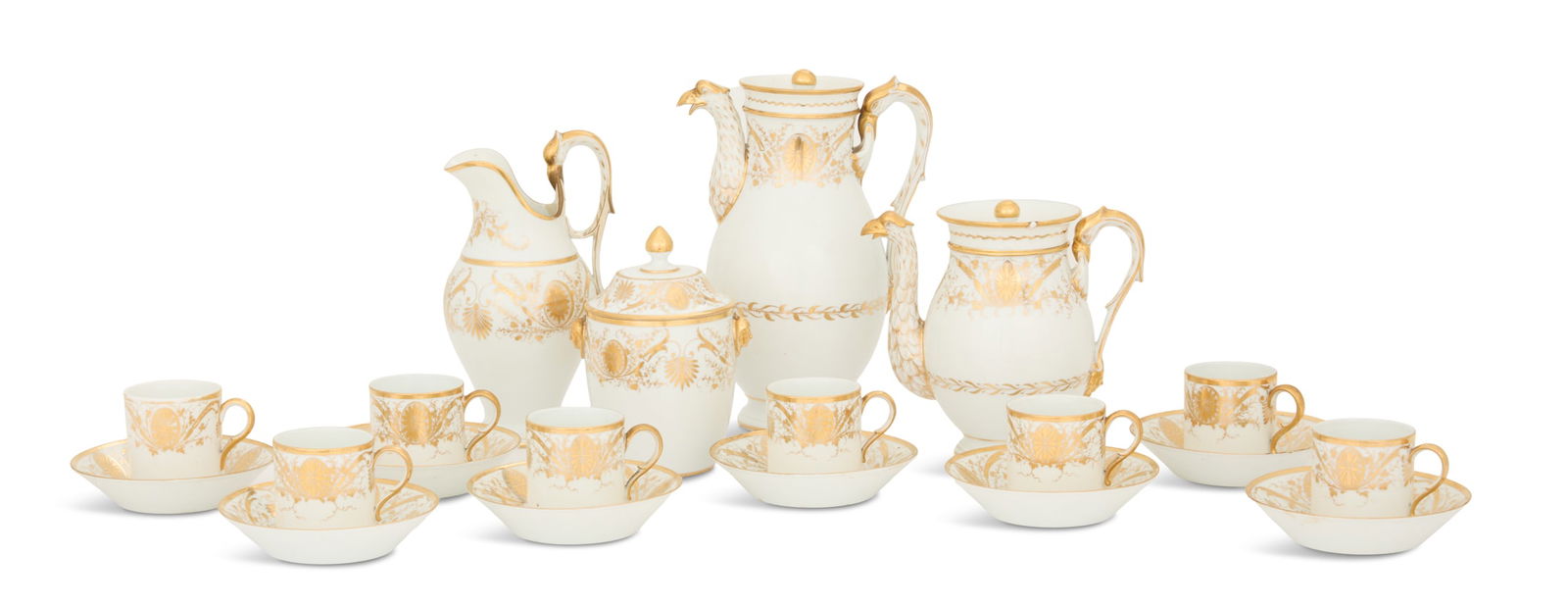 Rare Anglo-French Porcelain Coffee and Tea Set: Rare Anglo-French Porcelain Coffee and Tea Set early 19th century, each piece with gilt decoration of paterae and anthemia framed in scrolling foliage, most pieces marked "No. 256", the set