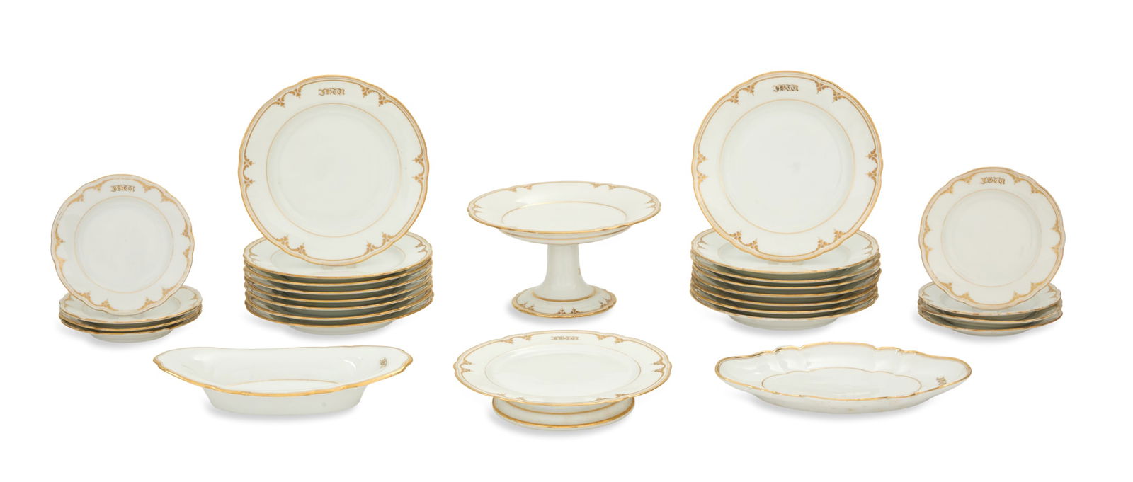 Rihouet Porcelain Partial Dinner/Dessert Service: Rihouet Porcelain Partial Dinner/Dessert Service ca. 1818-1889, decorated with delicate foliate gilt borders and monograms, signed with stenciled rouge-de-fer "Rihouet a Paris" marks, the service