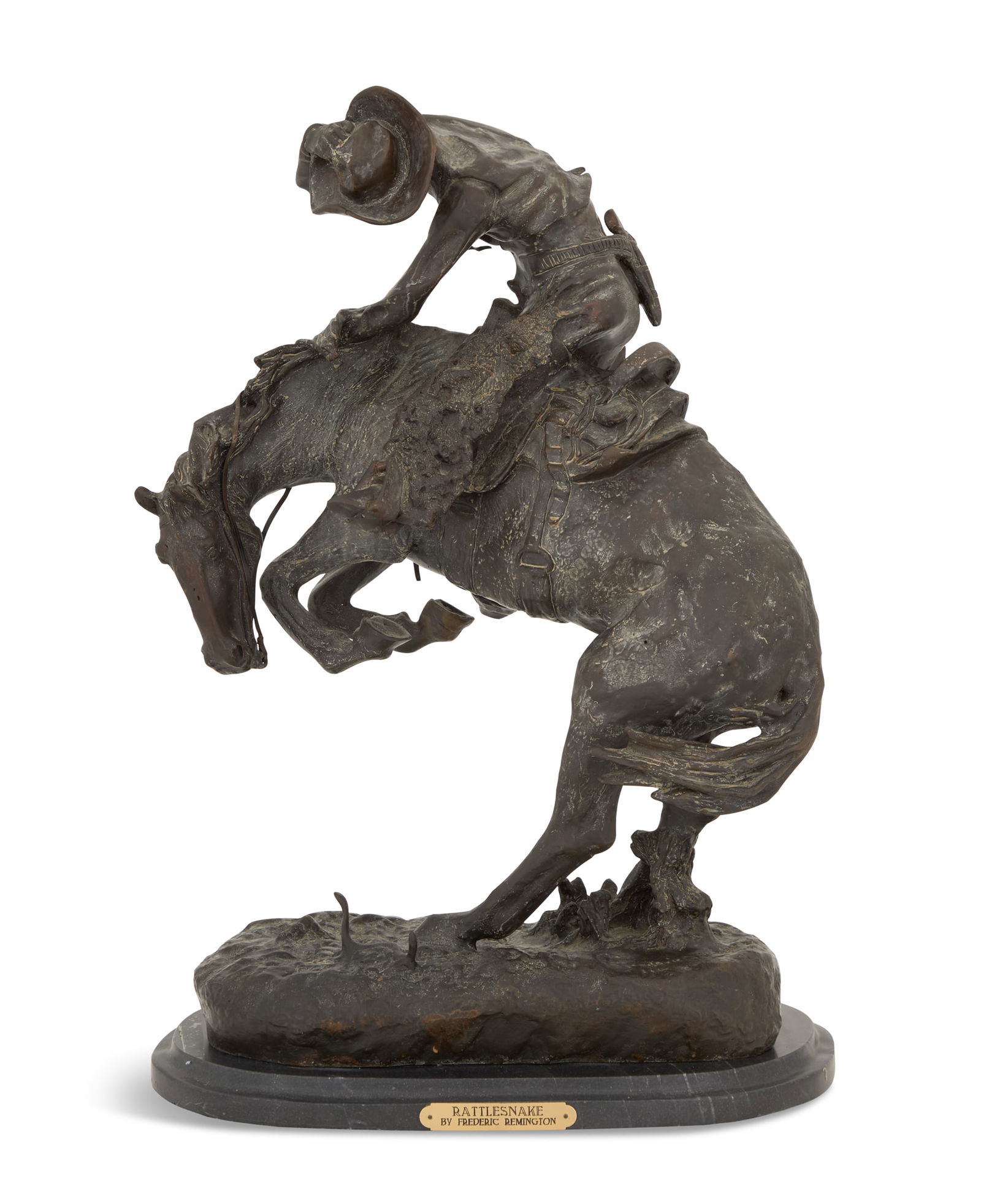 After Frederic Remington (American, 1861-1909): After Frederic Sackrider Remington (American, 1861-1909) "Rattlesnake" patinated bronze cast signature along top of self-base. h. 24", w. 15-1/2", d. 10-1/2"