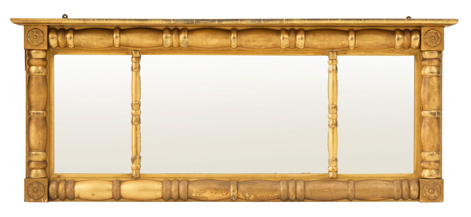 Empire Revival Giltwood Overmantel Mirror: Empire Revival Giltwood Overmantel Mirrorlate 19th century, the projecting cornice over three parts with turned trim and medallion-form corner blocks.h. 26-1/4", w. 63-1/2" Provenance: The Estate of S