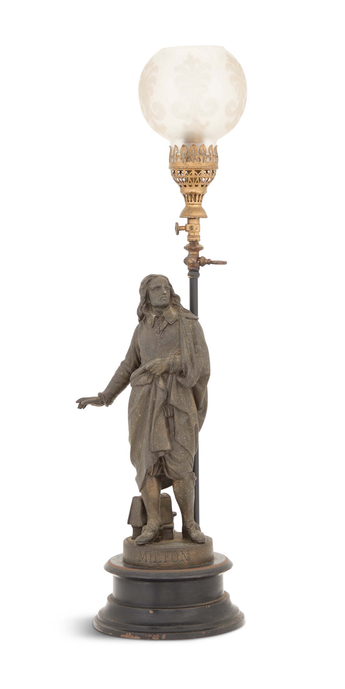 Patinated Metal Gas "Milton" Newel Post Lamp: Patinated Metal Gas "Milton" Newel Post Lamp late 19th century, the gas lamp with a figure of Milton on a circular, molded base, set with a brass shade holder and engraved glass shade. h. 23-1/2",