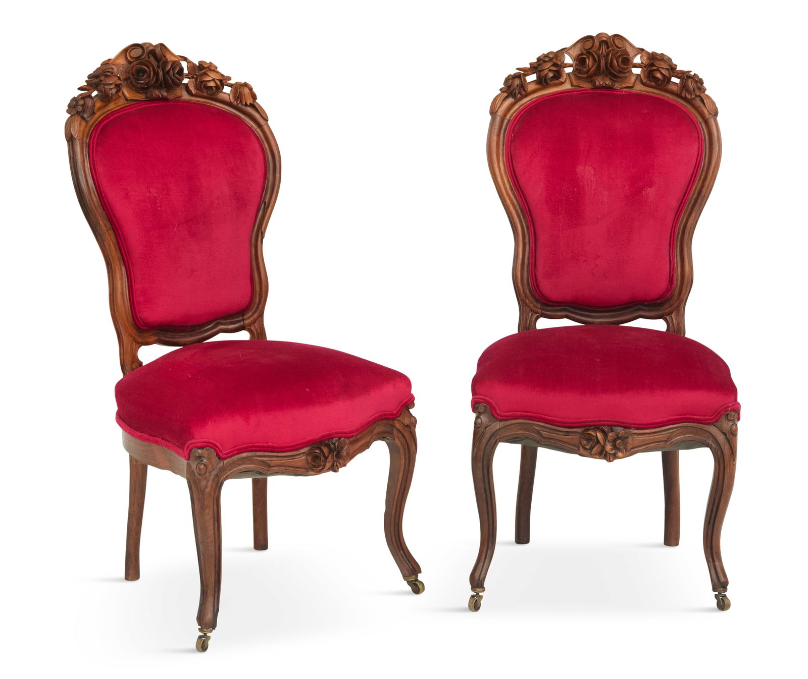 Pair of American Rococo Revival Side Chairs: Pair of American Rococo Revival Rosewood Side Chairs third quarter 19th century, probably from the shop of French emigre cabinetmaker Alexander Roux, New York, each having a corset-form back with a