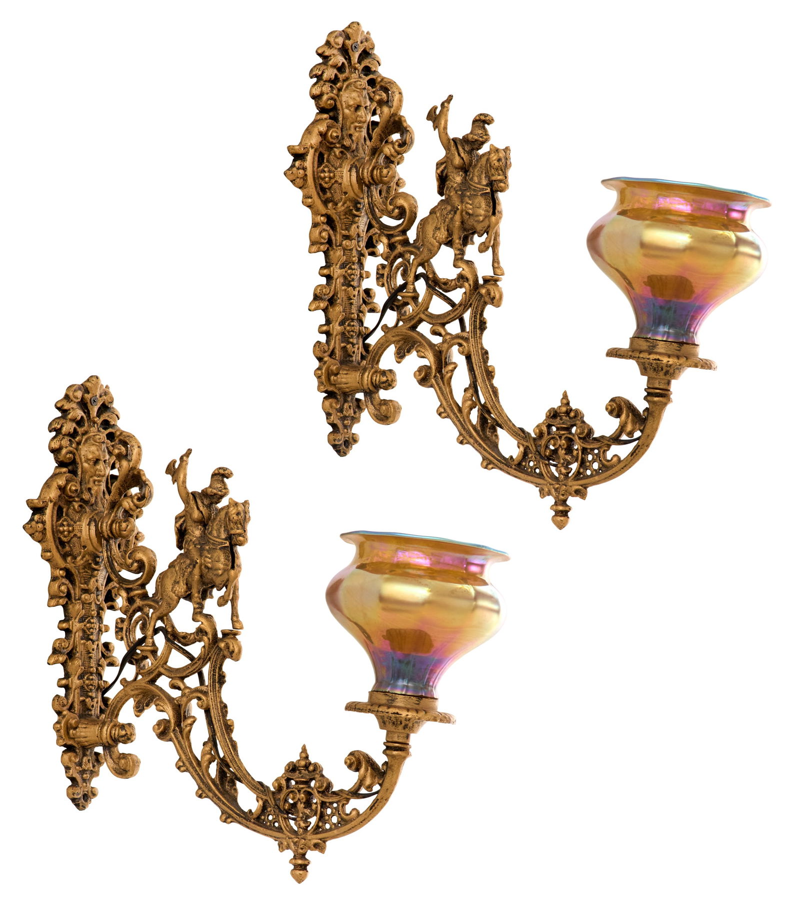Pair of Gilt-Metal and Art Glass Sconces: Pair of Gilt-Metal and Art Glass Sconcesin the Renaissance Revival taste, the backplates with masque molding and pierced scrollwork, set with sweeping scrolled and pierced arms decorated with classica