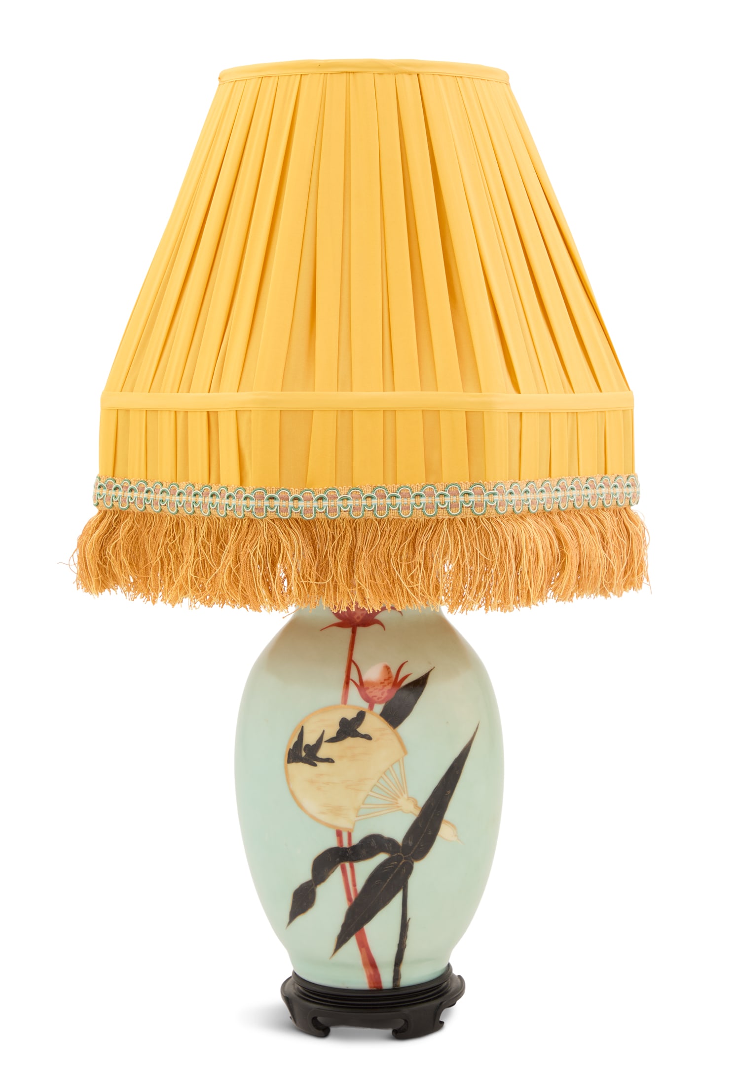 Bohemian Aesthetic Vase Lamp: Bohemian Aesthetic Vase Lamp late 19th century, decorated with a fan and plants on a pale green ground, on a wooden base and fitted with a custom Denning & Fourcade pleated fringed lampshade. h.