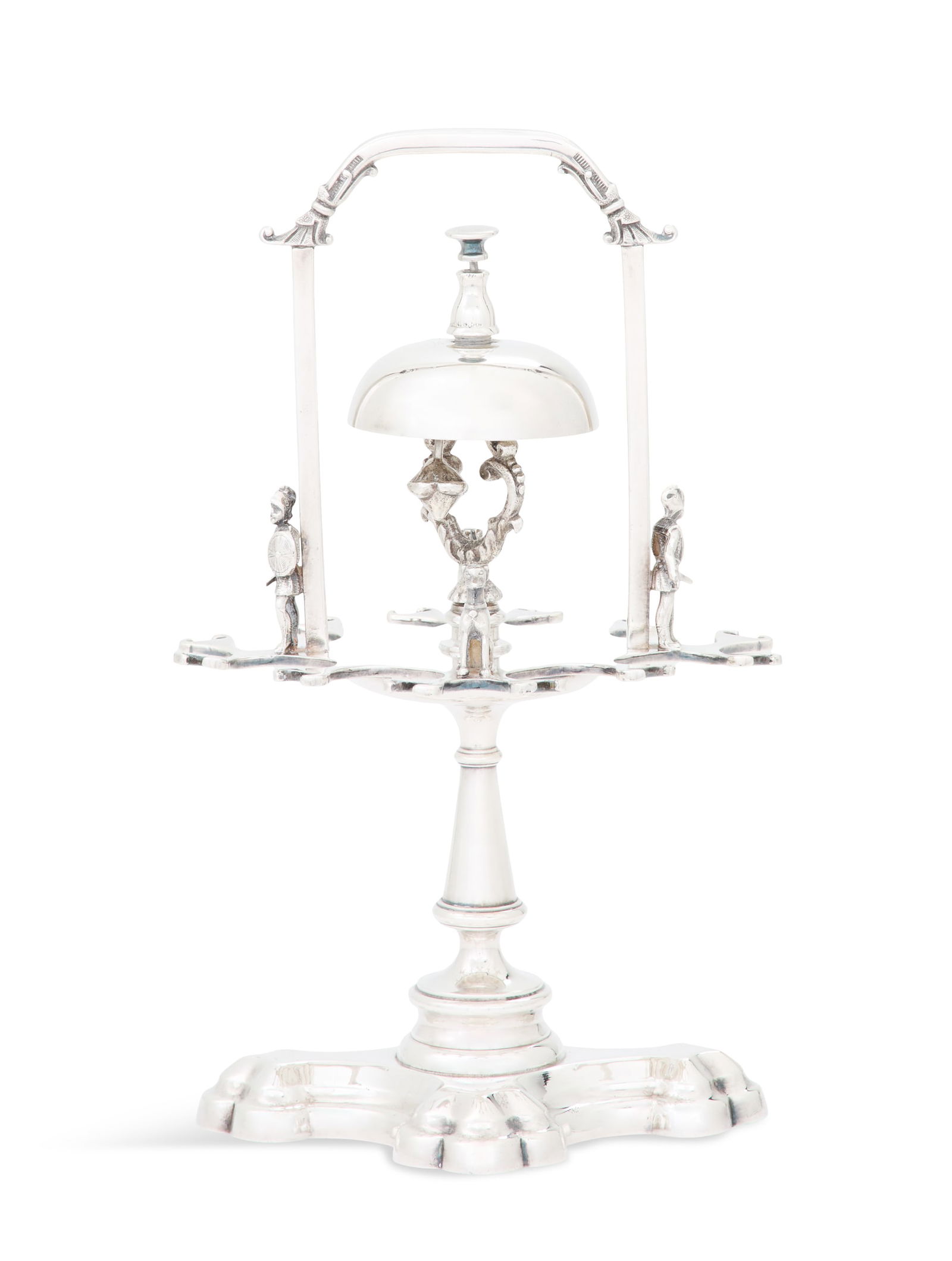 American Silverplate Spoon Holder with Bell: American Silverplate Spoon Holder with Bell third quarter 19th century, by Simpson, Hall and Miller, Wallingford, Connecticut, the central baluster standard above a molded cruciform base and