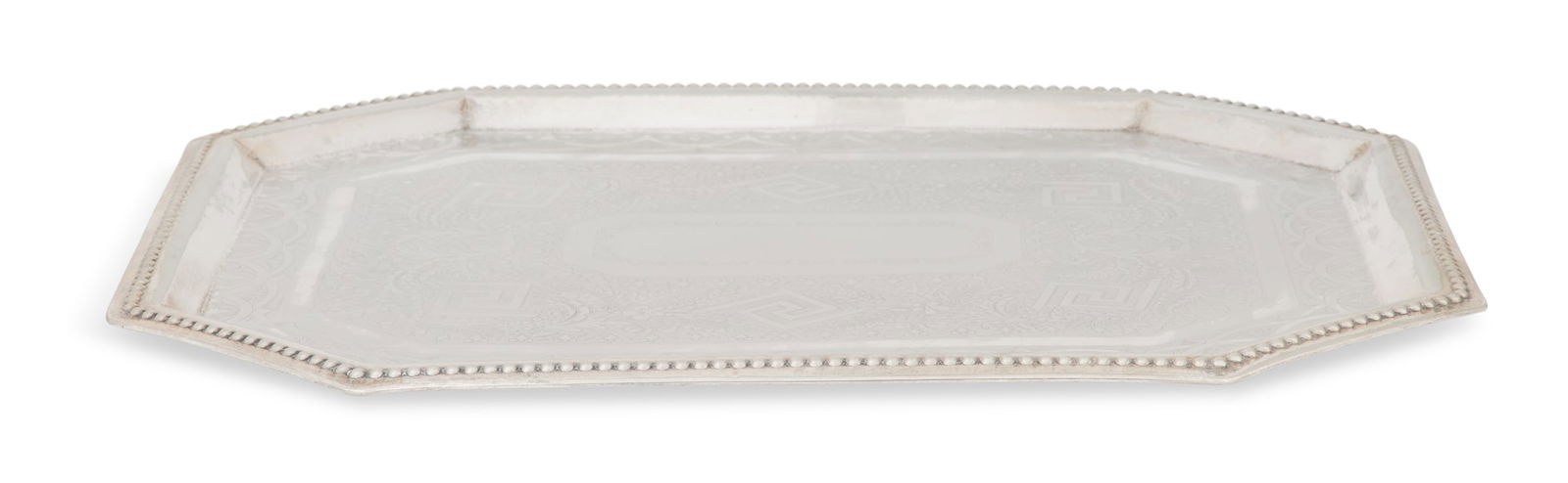 Silverplate Platter: Silverplate Platter ca. 1900, unmarked, of canted rectangular form with punch-beaded edge, the plate flat-chased with a foliate band decorated with Greek-key motifs within scalloped borders, 23-1/4"
