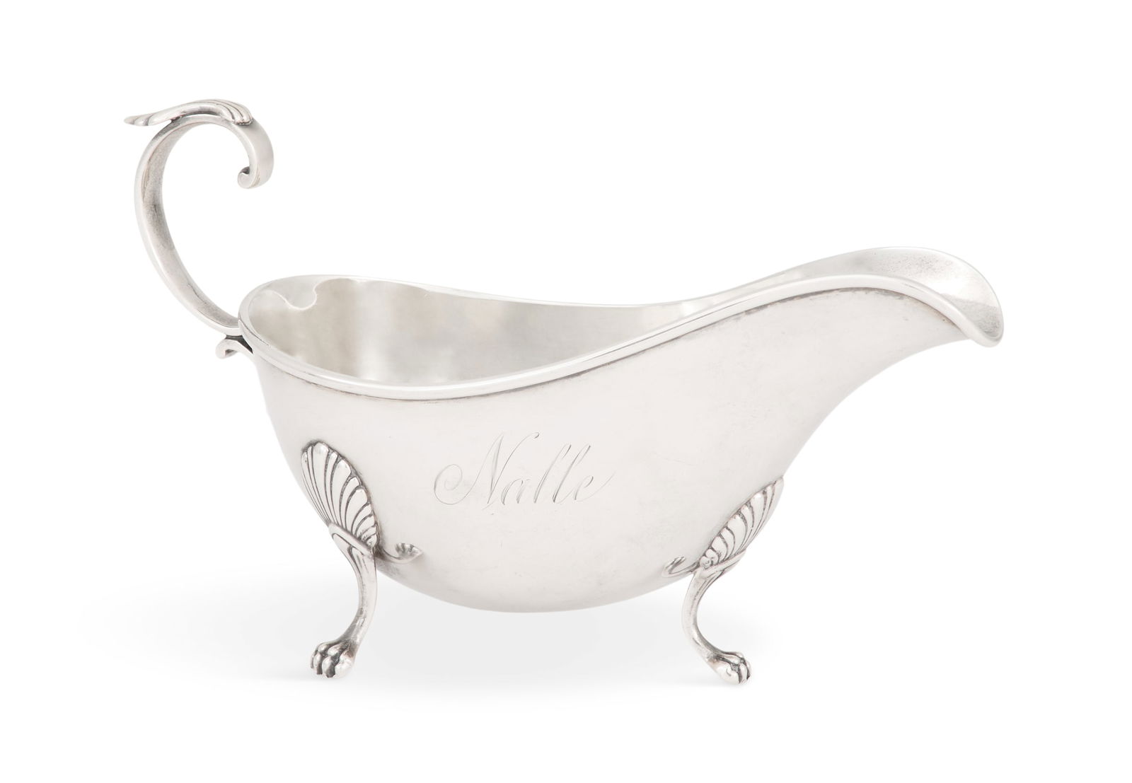 Gorham Sterling Silver Sauceboat: Gorham Sterling Silver Sauceboat 1900, Providence, Rhode Island, retailed by Harris & Shafer, Washington, D.C., in the Georgian taste, of batteau form with palmette-crested scroll handle and pad