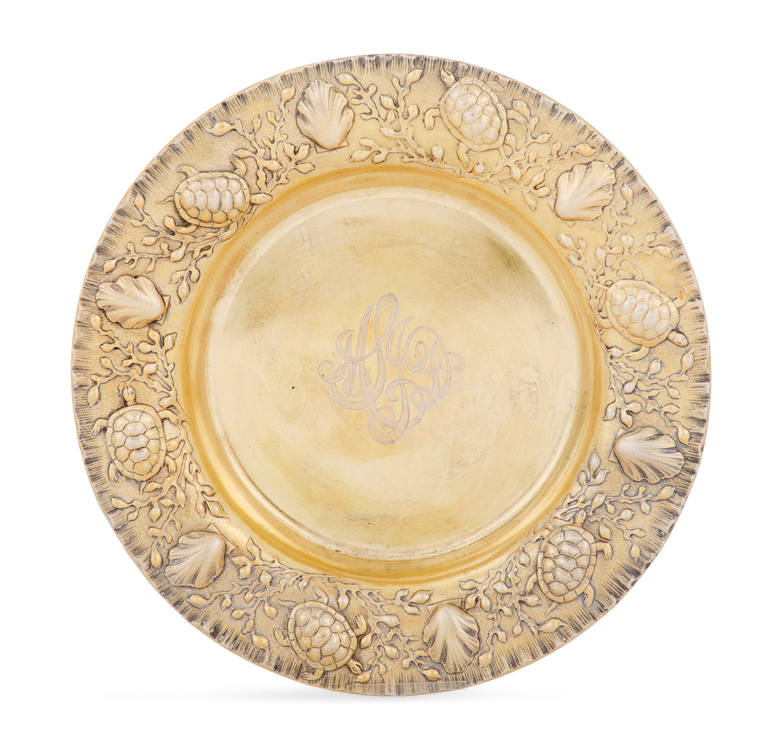 Gorham Sterling Silver-Gilt Wine Coaster: Gorham Sterling Silver-Gilt Wine Coaster 1897, Providence, Rhode Island, special order 5254 for Bailey, Banks & Biddle, Philadelphia, Pennsylvania, circular, the rim richly decorated with repousse