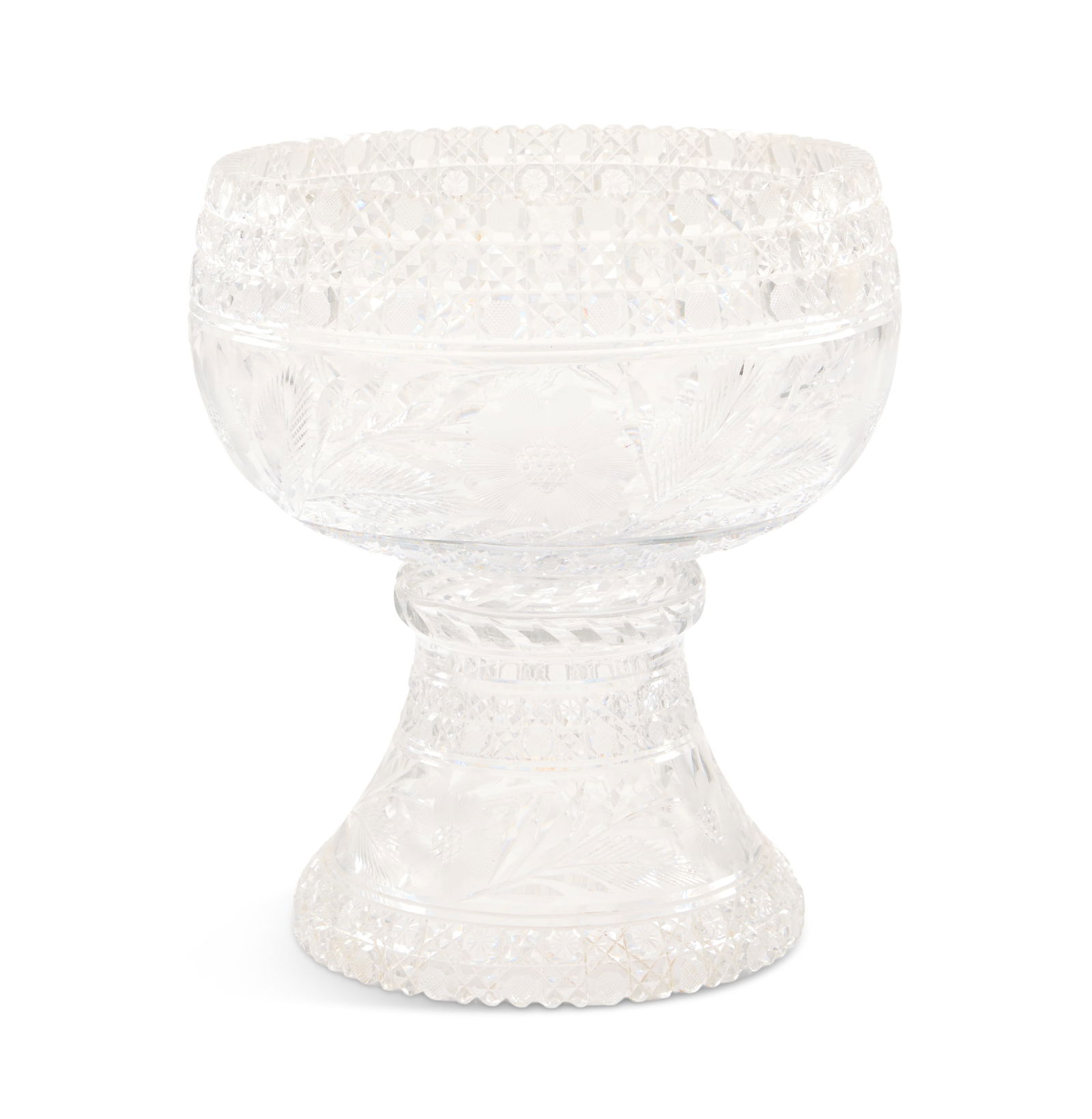 American Brilliant Period Cut-Glass Punch Bowl: American Brilliant Period Cut-Glass Punch Bowl ca. 1900, in two parts, each cut with flowers and sprays of leaves, framed by "cane"-patterned borders. h. 14-3/4", dia. 11-1/4" Provenance: The
