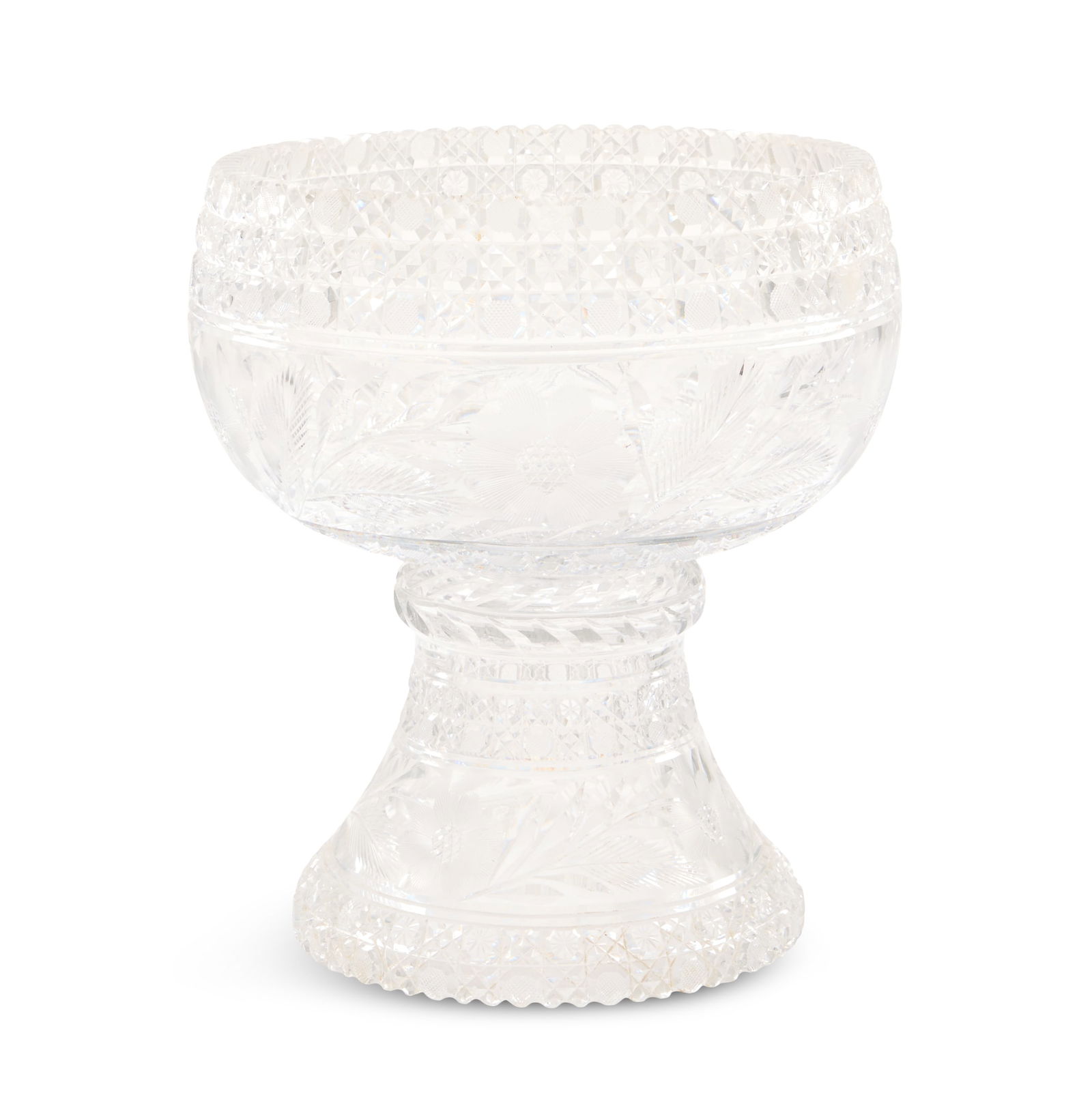 American Brilliant Period Cut-Glass Punch Bowl: American Brilliant Period Cut-Glass Punch Bowl ca. 1900, in two parts, each cut with flowers and sprays of leaves, framed by "cane"-patterned borders. h. 14-3/4", dia. 11-1/4" Provenance: The