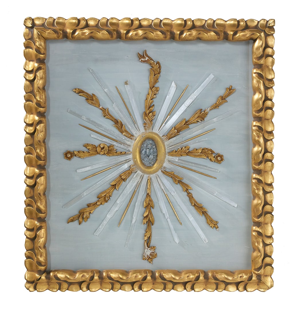 Stone and Giltwood Shadowbox Picture: Stone and Giltwood Shadowbox Picture 20th century, assembled with a crushed hardstone center in a giltwood "O", forming a sunburst of giltwood scrollwork alternating with natural crystals, in a