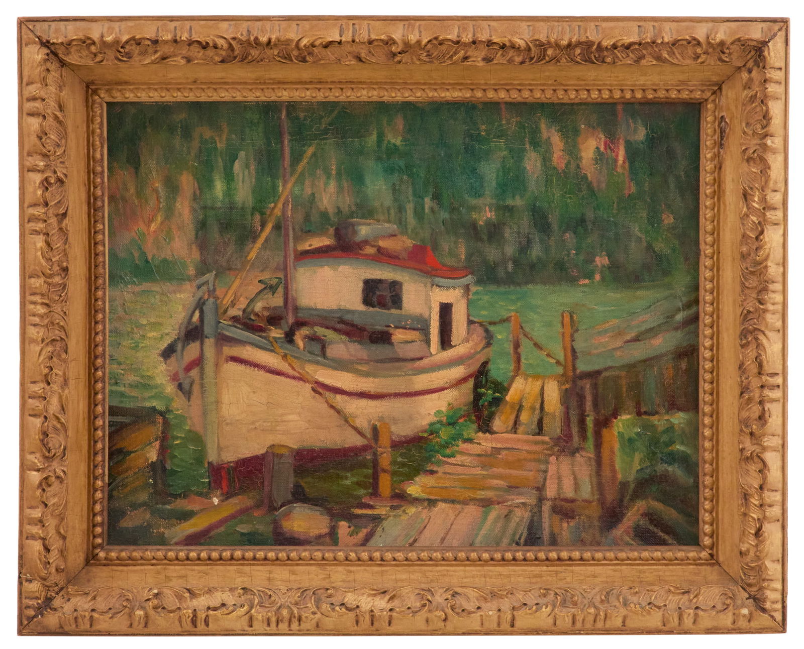 American School (20th Century): American School 20th Century "Boat at Dock" oil on canvas board unsigned, with a "Talens" art supply label en verso. Framed. 12" x 16", framed 15-3/4" x 19-3/4"