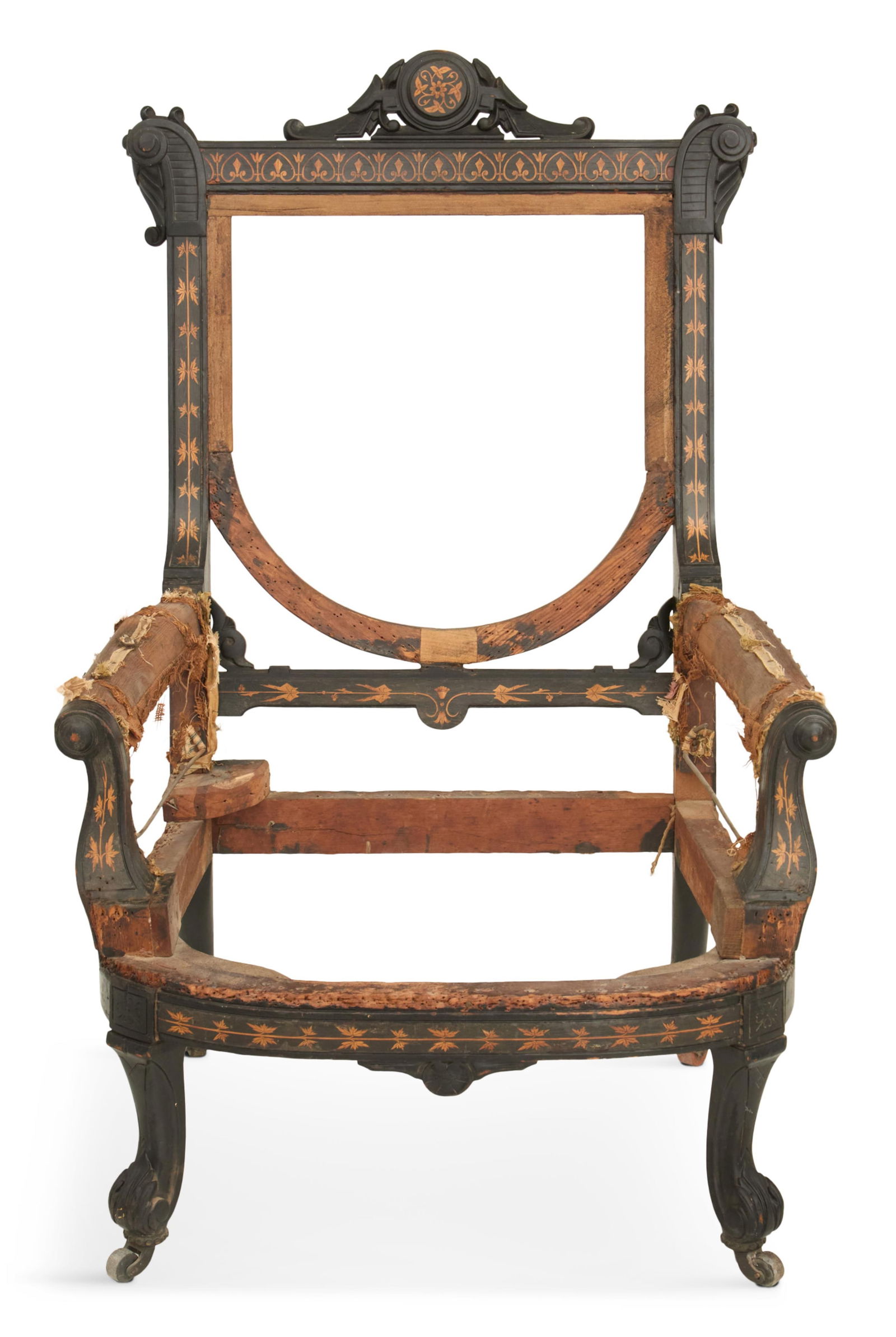 American Aesthetic Ebonized and Inlaid Armchair: American Aesthetic Ebonized and Inlaid Armchairthird quarter 19th century, in the manner of Herter Brothers or Pottier & Stymus, New York, the back crest rail with a carved cartouche and circular inla