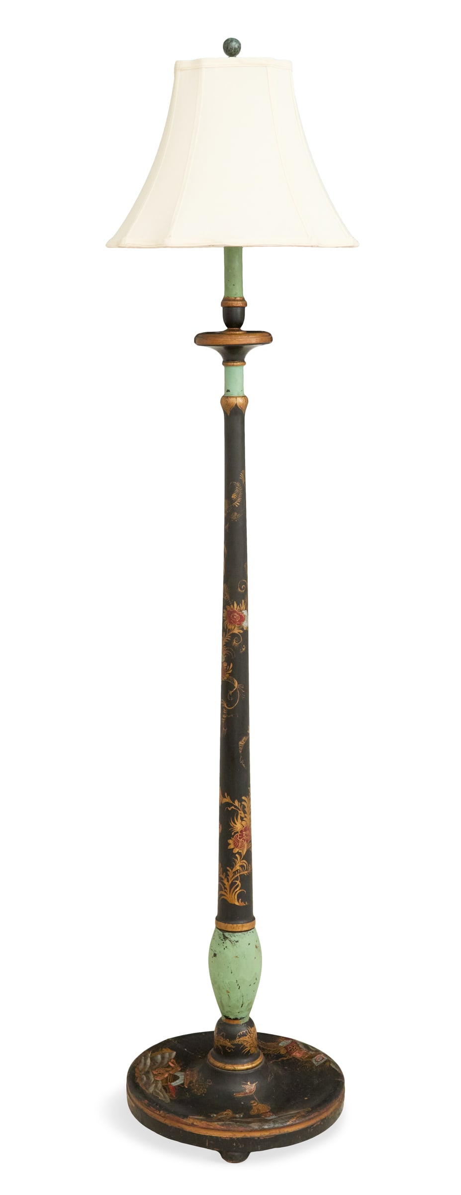 Painted Floor Lamp in the Chinoiserie Taste: Painted Floor Lamp in the Chinoiserie Taste early 20th century, the tapered standard decorated with gilt flourishes, on a dished circular base decorated with pagodas and mandarin figures, fitted with