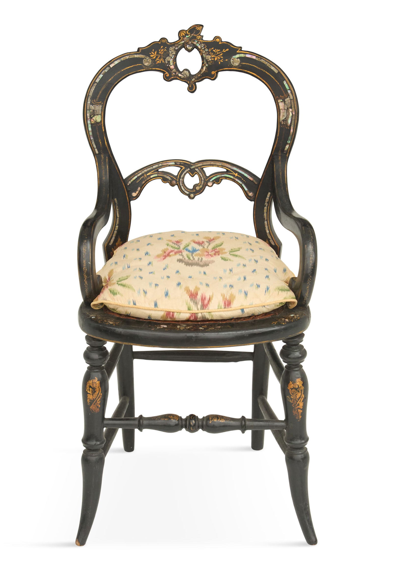 Victorian Ebonized and Nacre-Inlaid Child's Chair: Victorian Ebonized and Mother-of-Pearl-Inlaid Child's Chair 19th century, the pierced crest rail over a similar pierced splat, both with mother-of-pearl inlay and gilt-stenciled linework, with a