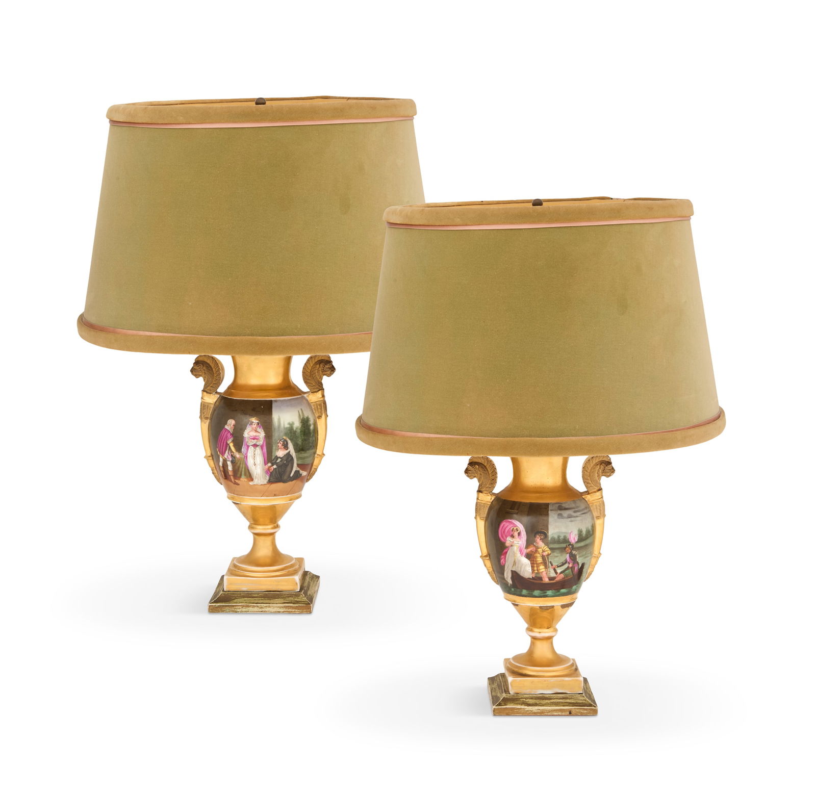 Pair of Paris Porcelain Urn Lamps: Pair of Paris Porcelain Urn Lamps ca. 1820 and later, the urns set with matte-gilt lion's-head handles, the obverses decorated with polychrome Renaissance scenes and the reverses decorated with