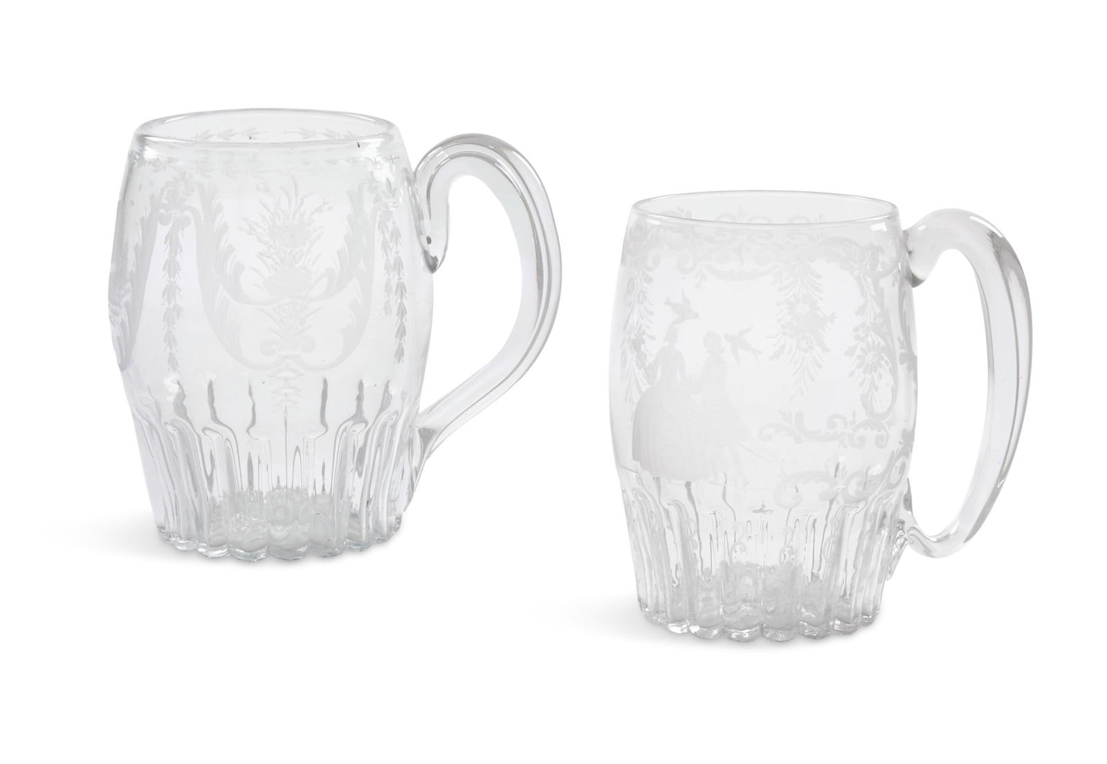 Two Dutch Blown and Engraved Glass Steins: Two Similar Dutch Blown- and Engraved Glass Steins ca. 1805-1820, each with blown and applied handles, one engraved with a couple in 18th-century costume and sprays of flowers, and the other with a