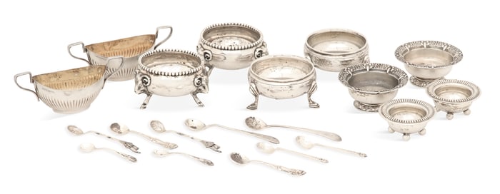 Collection of Silver Salt Cellars and Spoons