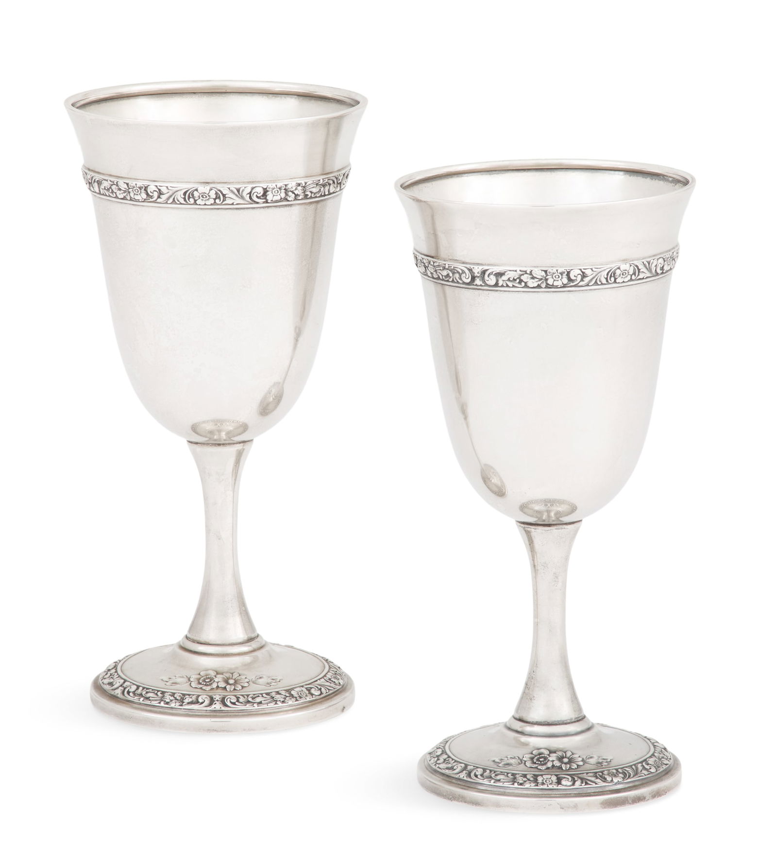 Pair of Watson "Meadow Rose" Silver Goblets: Pair of Watson "Meadow Rose" Sterling Silver Gobletsmid-20th century, Attleboro, Massachusetts.h. 7", dia. 3-3/8"; 10.57 total t. oz. Provenance: The Estate of Kenneth Abshire, Gulfport, Mississippi.