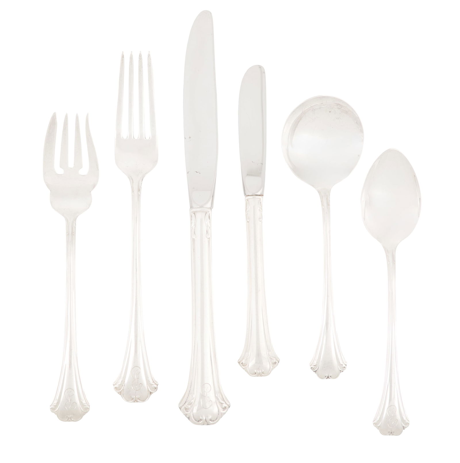 Reed & Barton "English Chippendale" Flatware: Reed & Barton "English Chippendale" Sterling Silver Flatware the pattern introduced in 1984, Taunton, Massachusetts, including a dozen six-piece place settings (six pieces lacking but complete for
