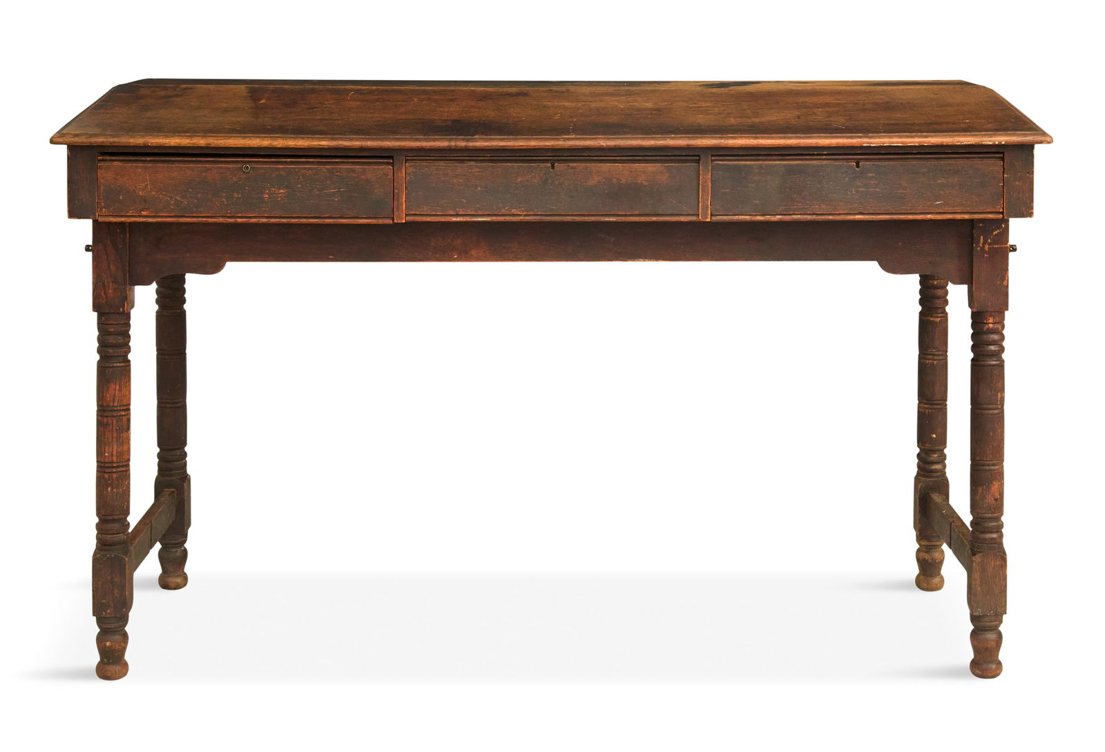 American Oak Clerk's Stand-Up Desk: American Oak Clerk's Stand-Up Desklate 19th century, the top with a sloped writing surface over three side-by-side drawers, raised on turned legs.h. 46-1/2", w. 72-1/2", d. 34"