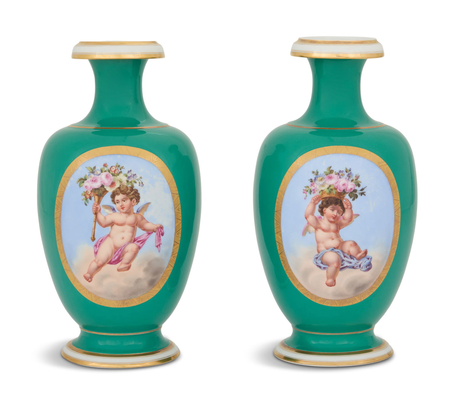 Pair of French Paris Porcelain Vases: Pair of French Paris Porcelain Vases mid-19th century, the bulbous vases decorated with polychrome cherubs supporting flowers, on a green ground, with tooled gilt surrounds. h. 13-3/4", dia. 6" 