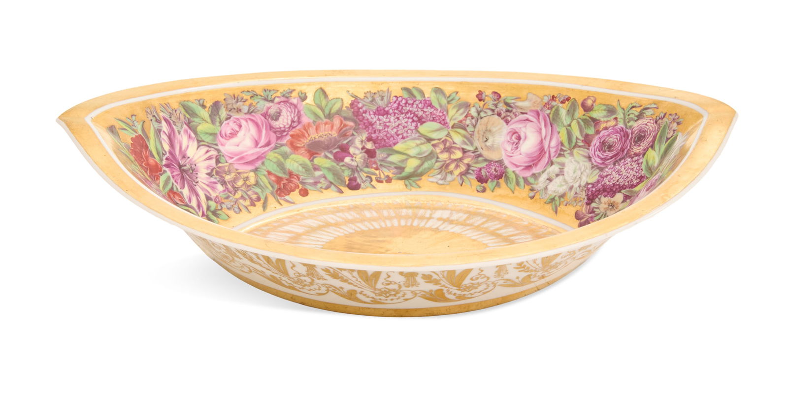 Paris Porcelain Cavette: Paris Porcelain Cavette ca. 1800, the bateau-form wash basin decorated with flowers, the bottom with gilt feathers and the sides with gilt scrollwork and flower heads. h. 3-1/2", w. 14", d. 10" 
