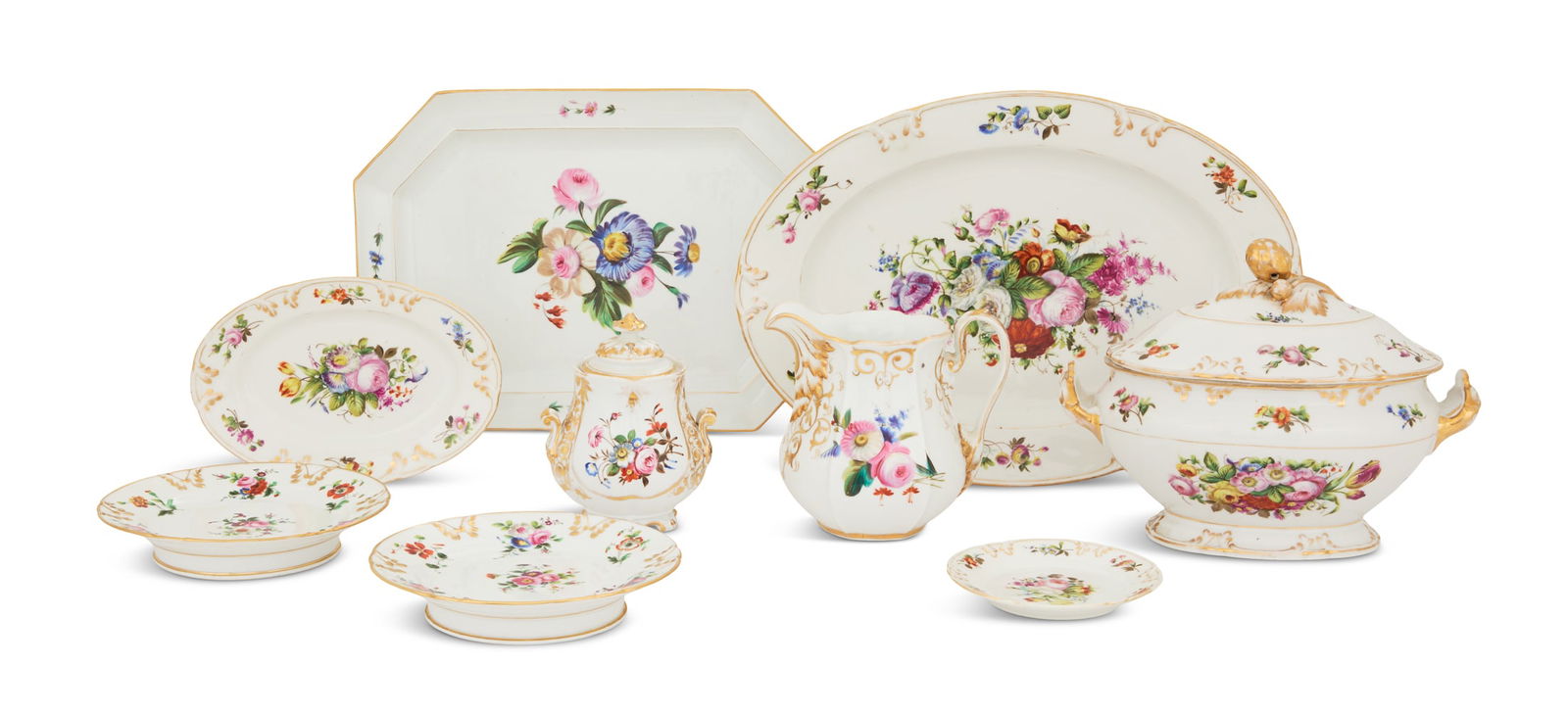 Collection of French Porcelain Dinnerware: Collection of French Porcelain Dinnerware mid-19th century, Paris or Limoges, the floral-decorated collection including; one soup tureen with a fruit knop, h. 10-1/4", w. 12-1/2"; two oval platters,