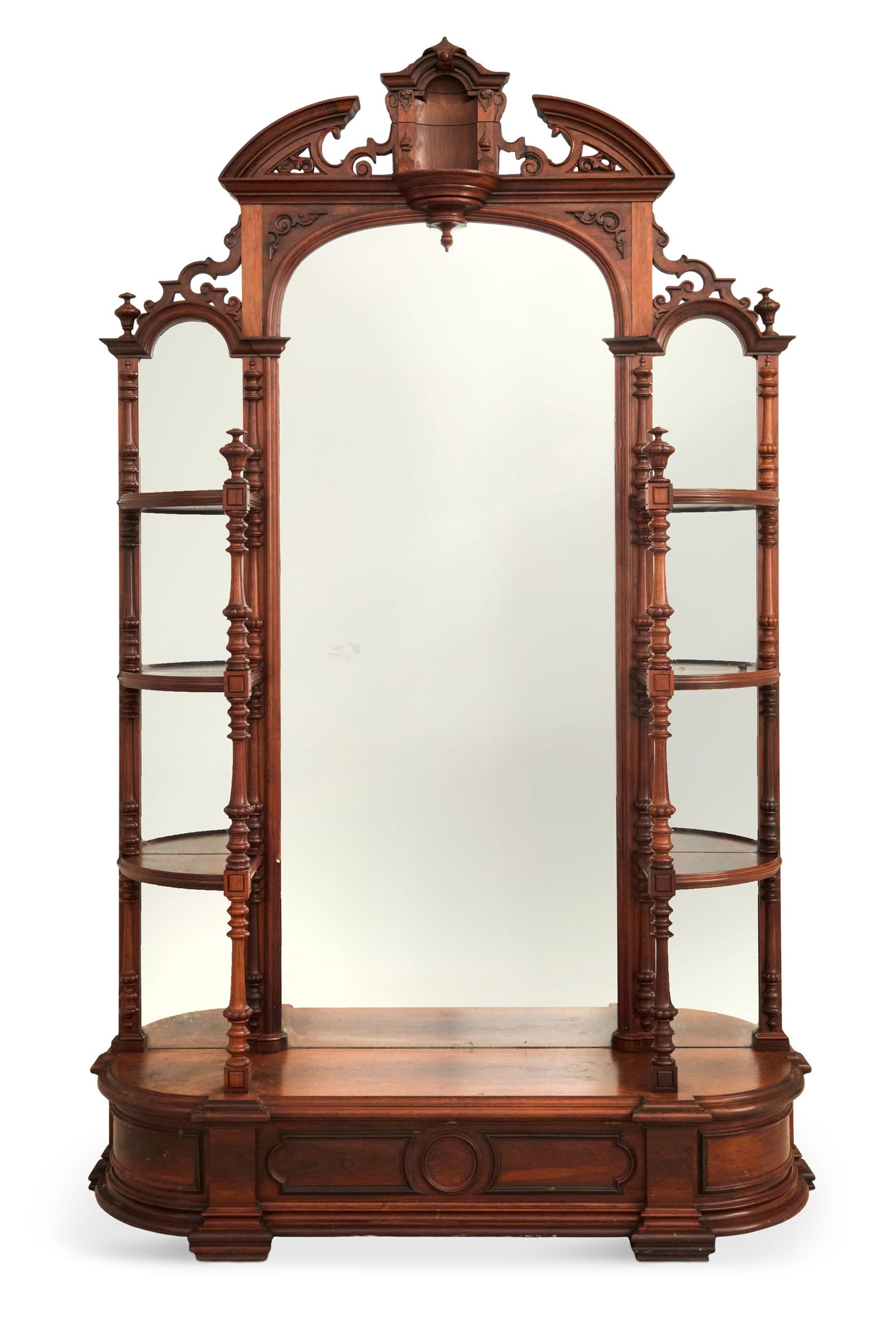 American Rococo Revival Rosewood Etagere: American Rococo Revival Rosewood Etagere19th century, New York, the pierced broken-arch crest centered by a concave niche, over a large central mirror flanked by three open shelves with mirrored backs