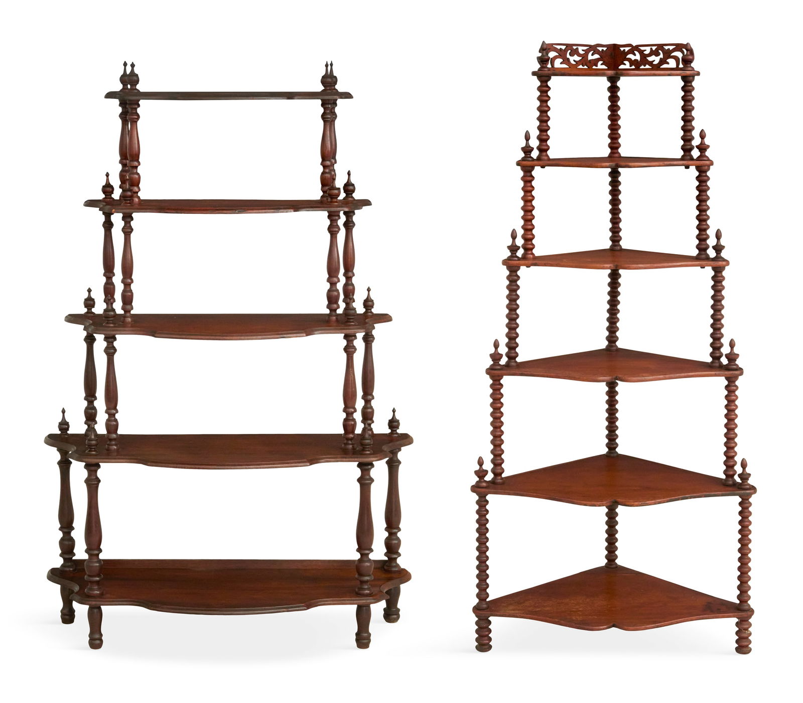 Two American Etageres: Two American Etagereslate 19th century, including a walnut flat wall example with five serpentine shelves raised on turned supports with turned finials, h. 58-1/2", w. 37-1/2", d. 14", and a cherry co