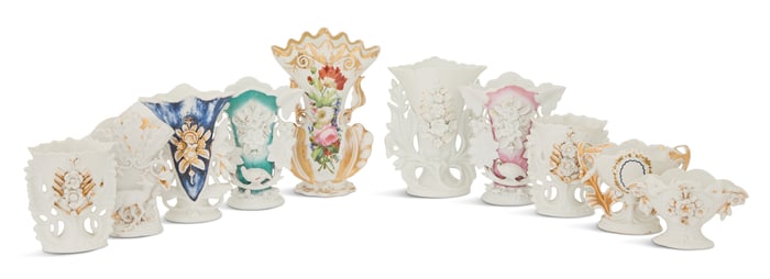 Ten Franco-Bohemian Porcelain Fan Vases