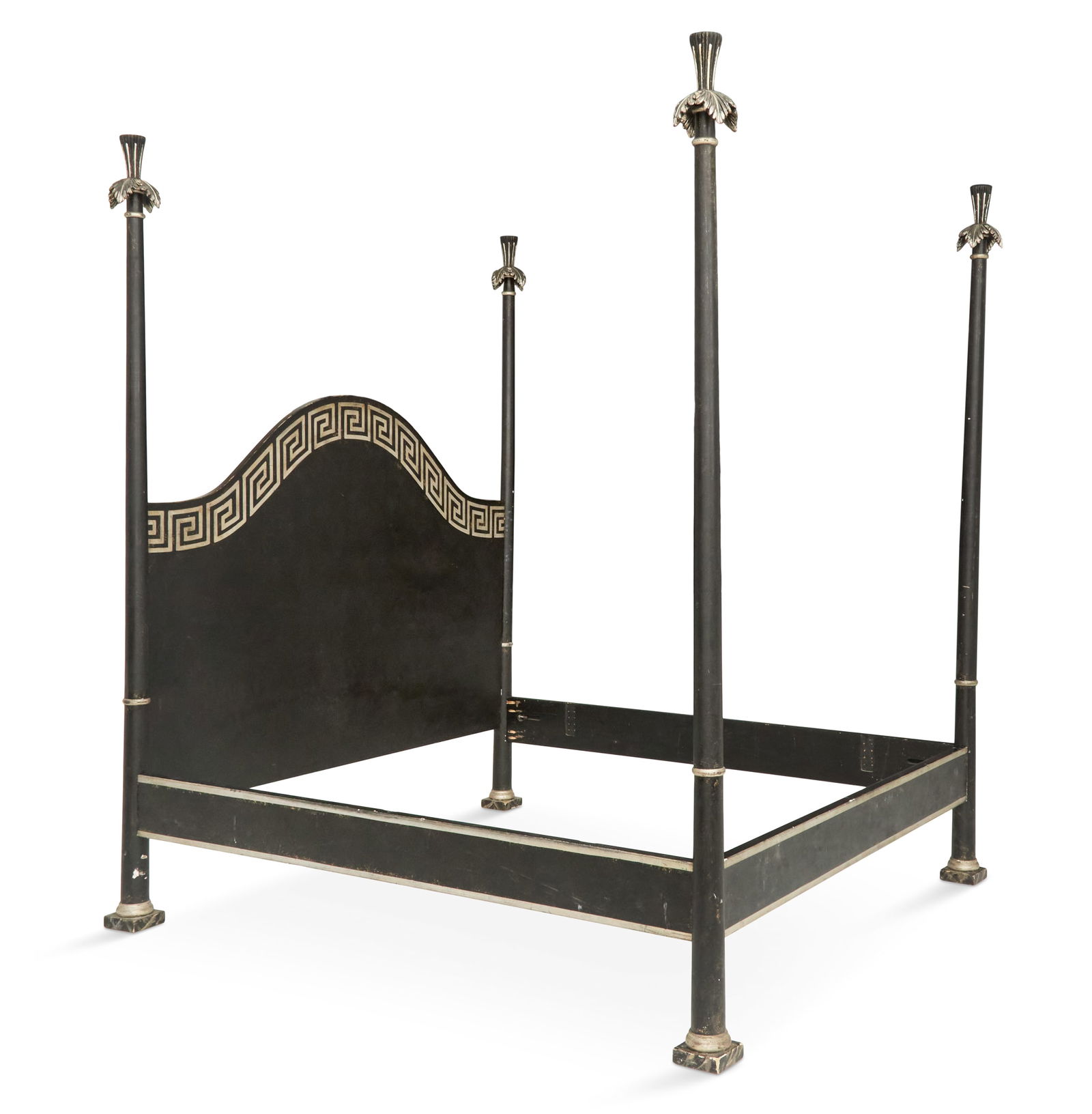Neoclassical-Style King-Size Four-Post Bed: Italian Neoclassical-Style King-Size Four-Post Bedlabeled Patina, Italy, the ebonized bed with an arched headboard with a stenciled Greek-key band, joined to turned and tapered posts with plume finial