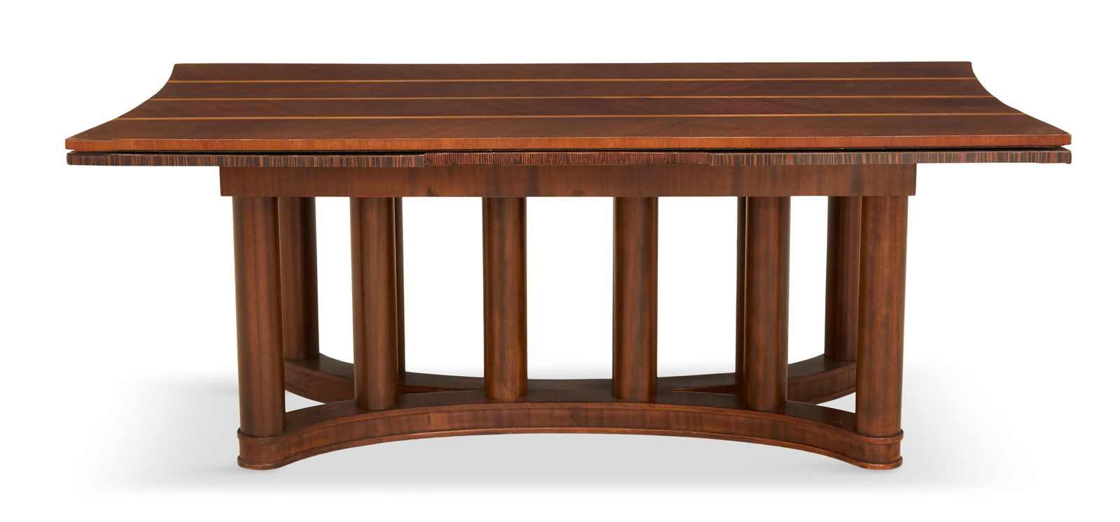 Unusual French Art Deco Draw-Form Dining Table: Unusual French Art Deco Draw-Form Dining Table ca. 1930, the mahogany-veneered top set with inlaid boxwood banding, continuing onto the rosewood-veneered leaves, supported on a mahogany base set with