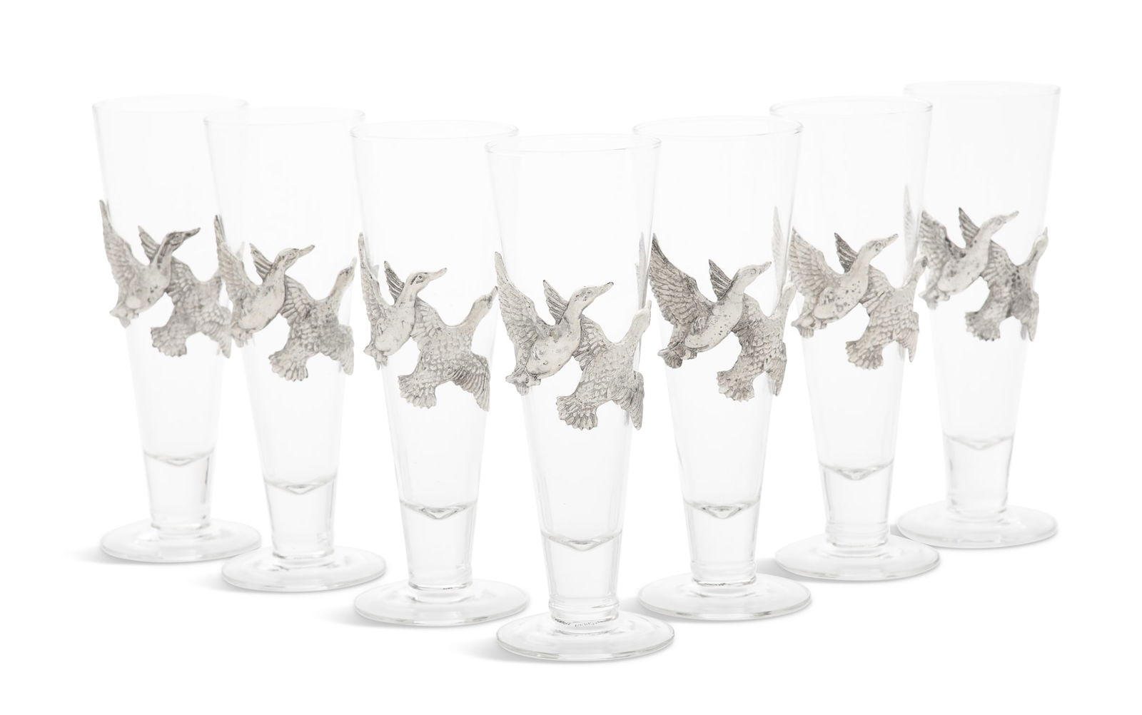 Set of Seven Arthur Court Designs Pilsner Glasses: Set of Seven Arthur Court Designs Pilsner Glasses 20th century, the tapered glasses decorated with mounts of game birds, labeled on the bottom. h. 9", dia. 3"