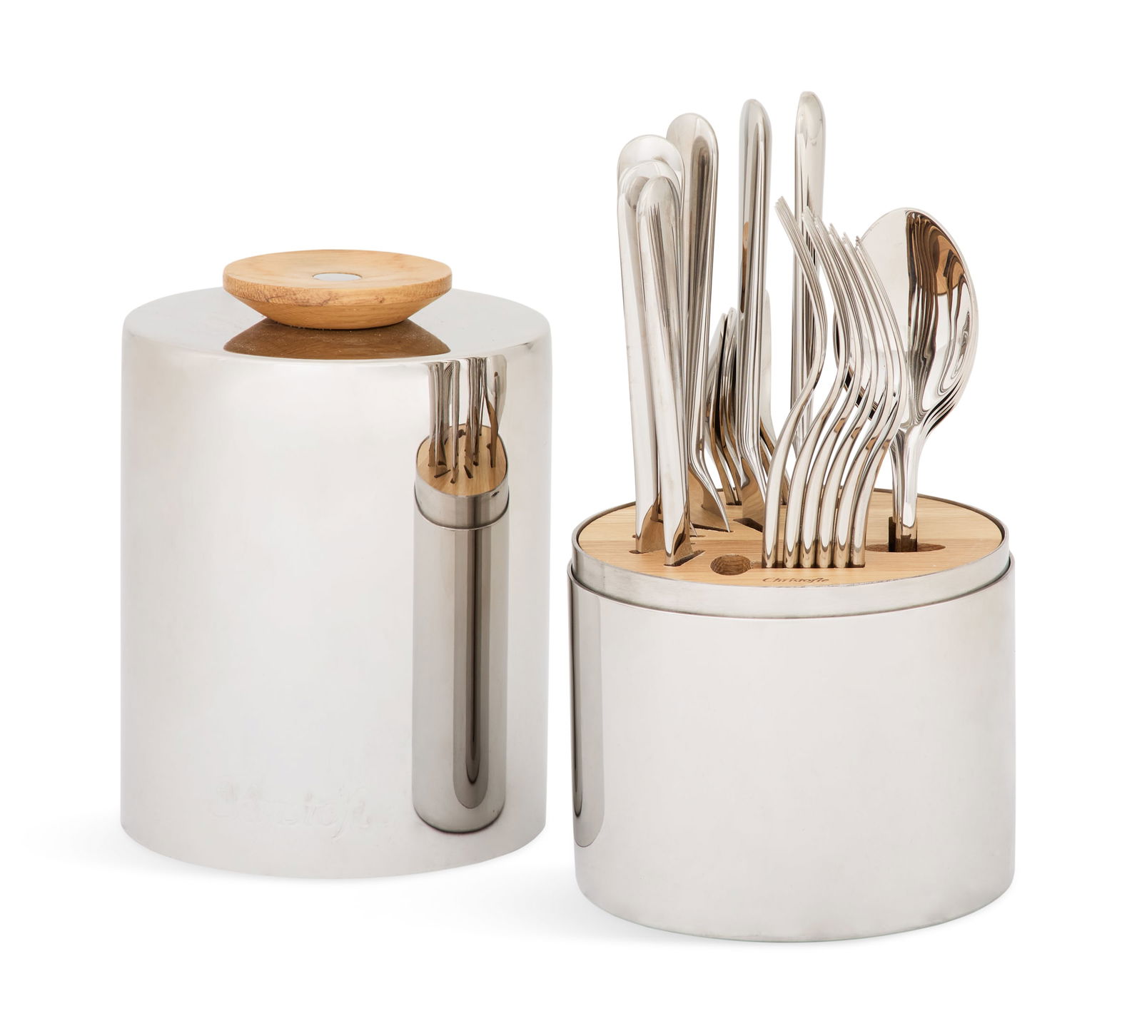 Christofle "Origine" Stainless Flatware Capsule: Christofle "Origine" Stainless Steel Flatware Capsule the pattern introduced in 2009, Paris, including six each dinner forks, l. 8", dinner spoons, l. 8", table knives, l. 9", and teaspoons, l.