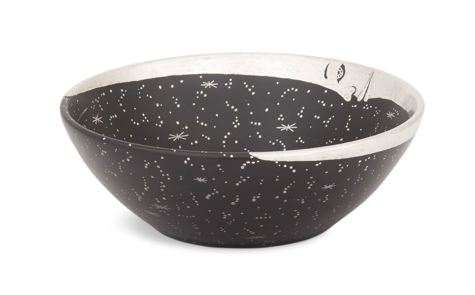 Emilia Castillo "Moon and Stars" Bowl: Emilia Castillo "Moon and Stars" Bowl dated 1997, Taxco, Mexico, the matte black porcelain bowl decorated with a crescent moon silver overlay rim opposing a starburst, with small stars throughout,