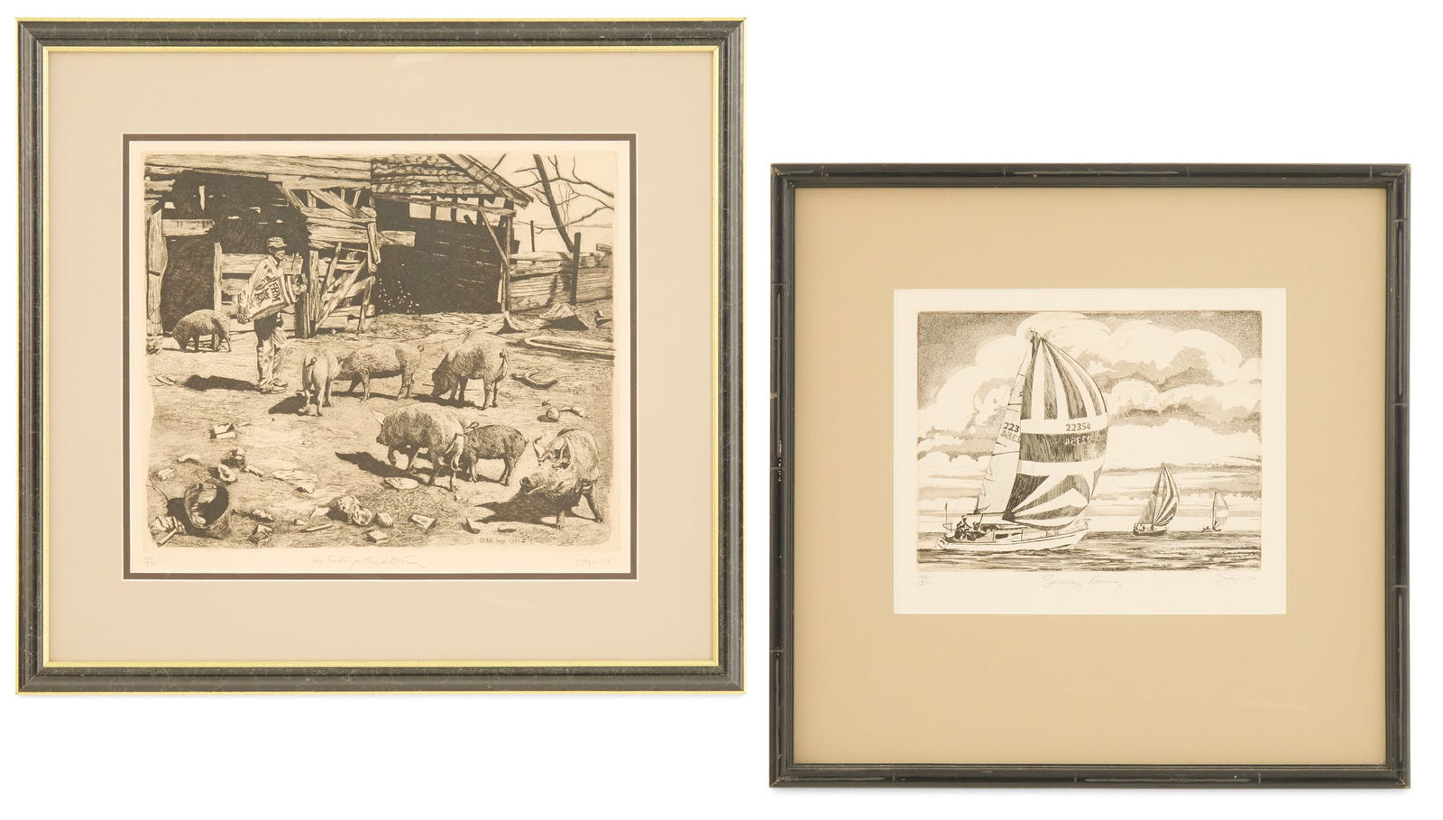 Phillip Sage (American, b. 1942): Phillip Anthony Sage (American/Louisiana, b. 1942) "Hog Feeding on the Carter Farm", 1977 "Sunday Racing", 1995 two etchings each pencil-signed, titled, dated and numbered lower margin, and signed