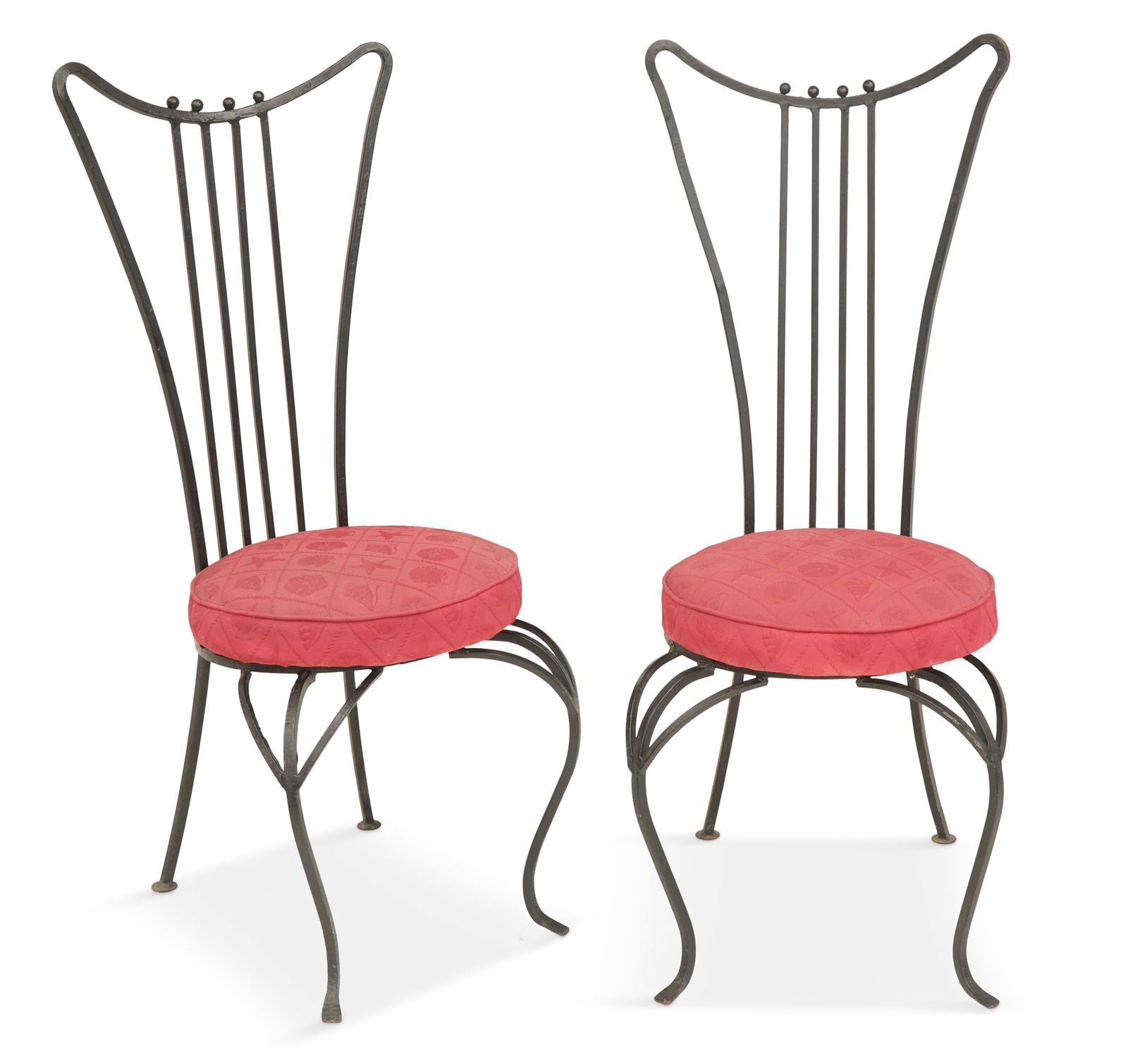 Pair of Wrought-Iron Side Chairs: Pair of Wrought-Iron Side Chairs20th century, each with a tall back centered by four parallel supports, circular strap seat and exuberantly modeled cabriole front legs, each with an upholstered seat c