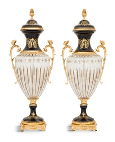 Pair of Porcelain, Gilt-Metal and Crystal Urns