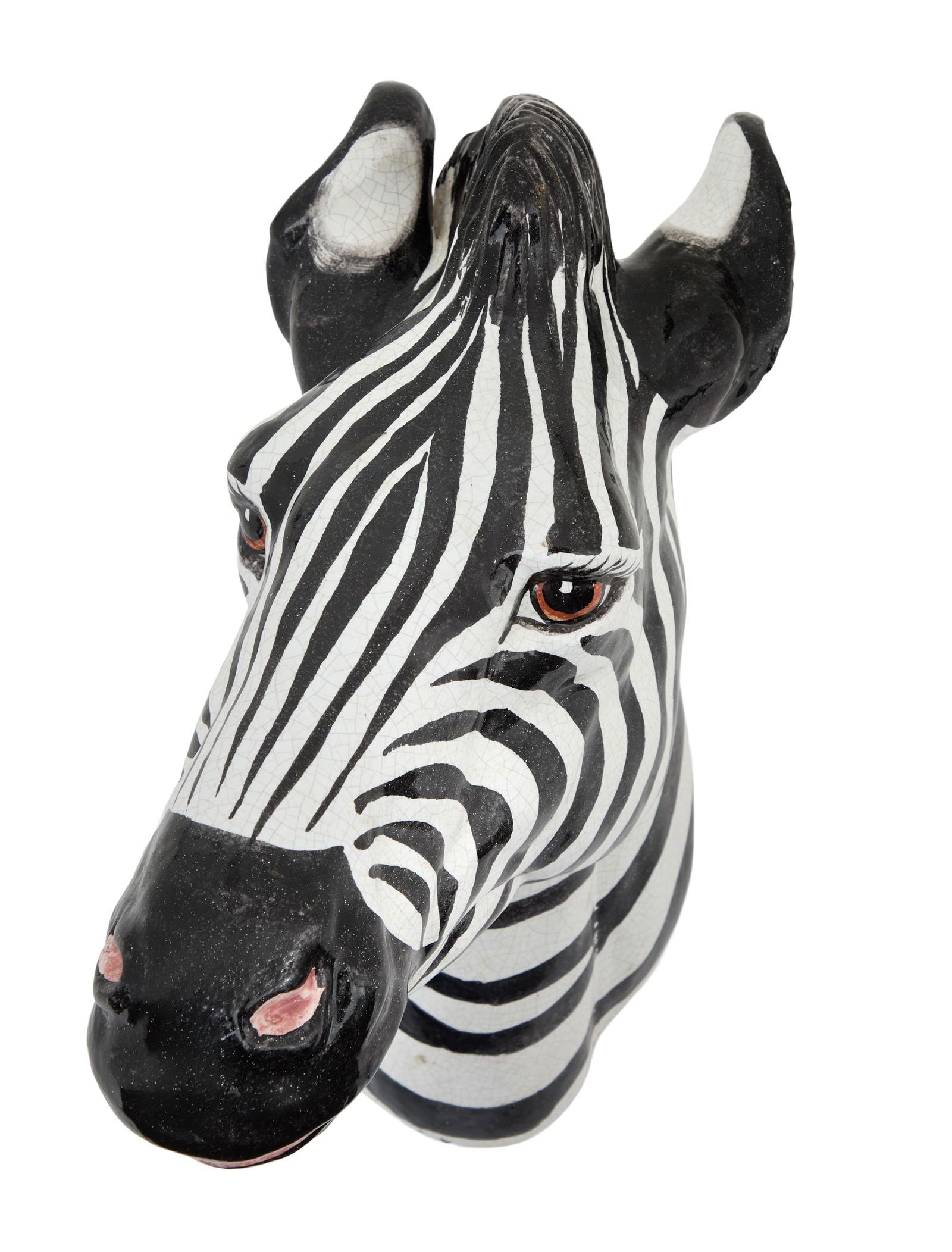 Italian Faience Zebra Head Wall Plaque: Italian Faience Zebra Head Wall Plaque ca. 1960s-1970s, realistically molded and decorated, on a wooden backplate. h. 15-3/4", w. 7-1/2", d. 11-1/2"