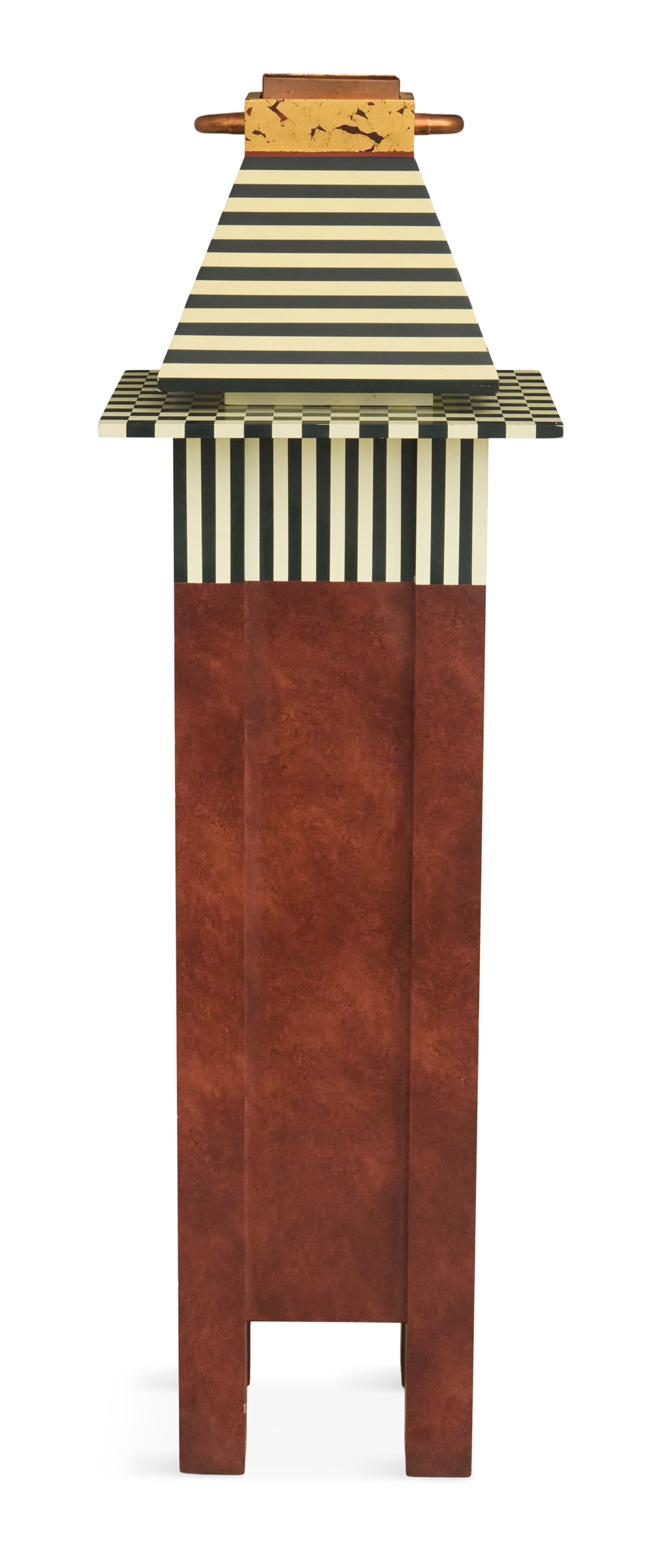 Memphis-Style Post-Modern Painted Wood Pedestal: Memphis-Style Post-Modern Painted Wood Pedestal ca. 1989, signed by Karen Kesler and Tirzah Mutrux and dated 1989, the painted obelisk-form superstructure with a copper lining and handles, and a