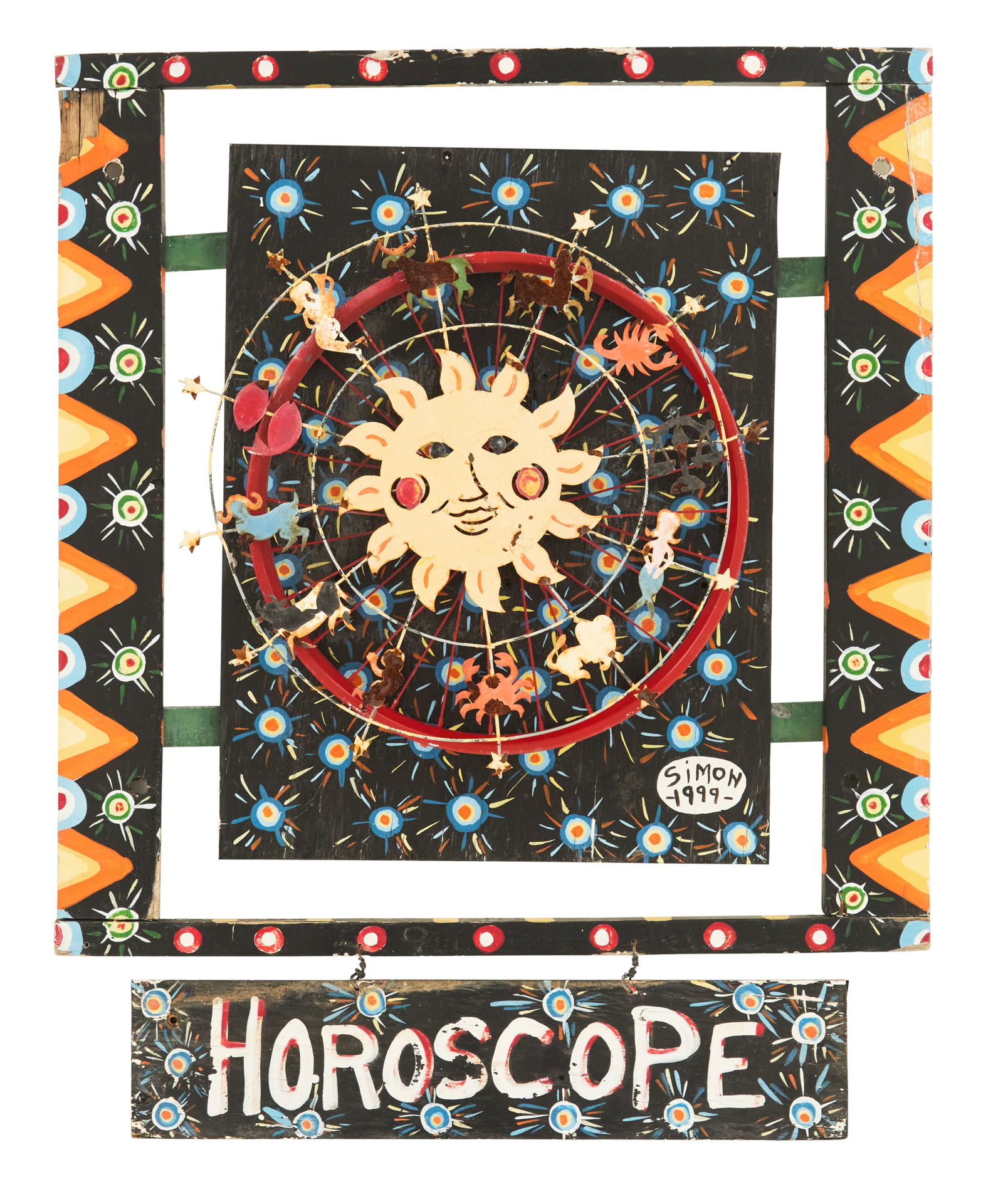 Folk-Art Horoscope Sculpture: Folk-Art Horoscope Sculpture 1999, carved and painted wood and found objects, with movable elements, dated and signed "Simon" lower right. h. 31", w. 29-1/2", d. 5-1/2" Provenance: Kevin Stone