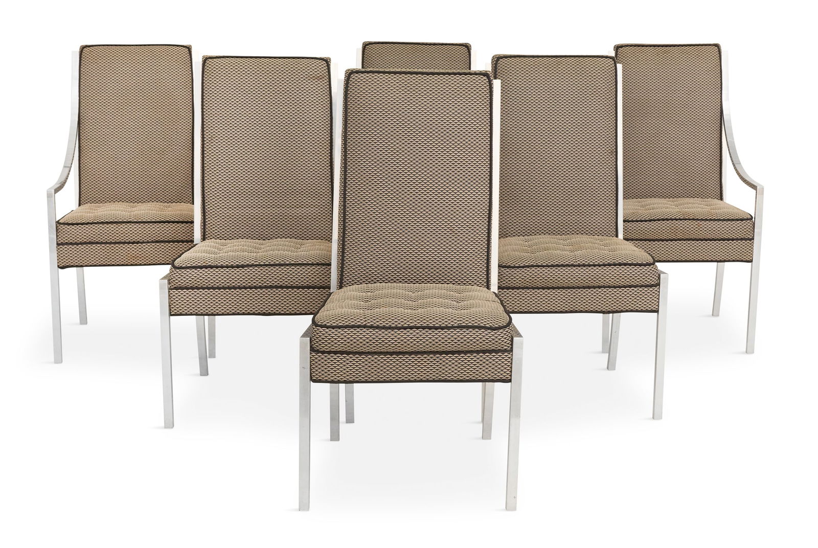 Six Contemporary Aluminum Framed Chairs: Suite of Six Contemporary Aluminum-Framed Chairscomprised of two armchairs, h. 41", w. 21", d. 22", and four side chairs, h. 41", w. 21", d. 22", each with a padded back and seat set within square tub
