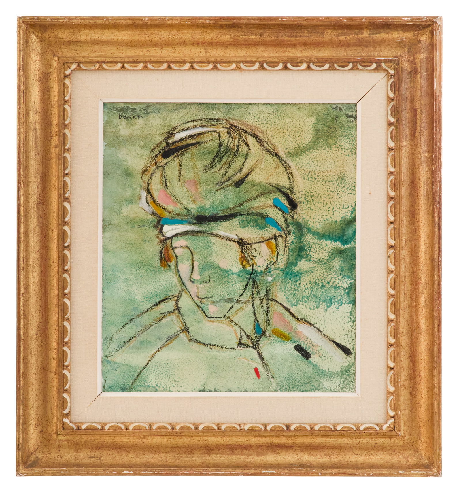 Lazzaro Donati (Italian, 1926-1977): Lazzaro Donati(Italian, 1926-1977)"Giovane dal Turbante (Young Man with Turban)", 1965oil on wood panelsigned upper left, and signed, dated, titled and localized en verso.Matted and framed.16" x 14",