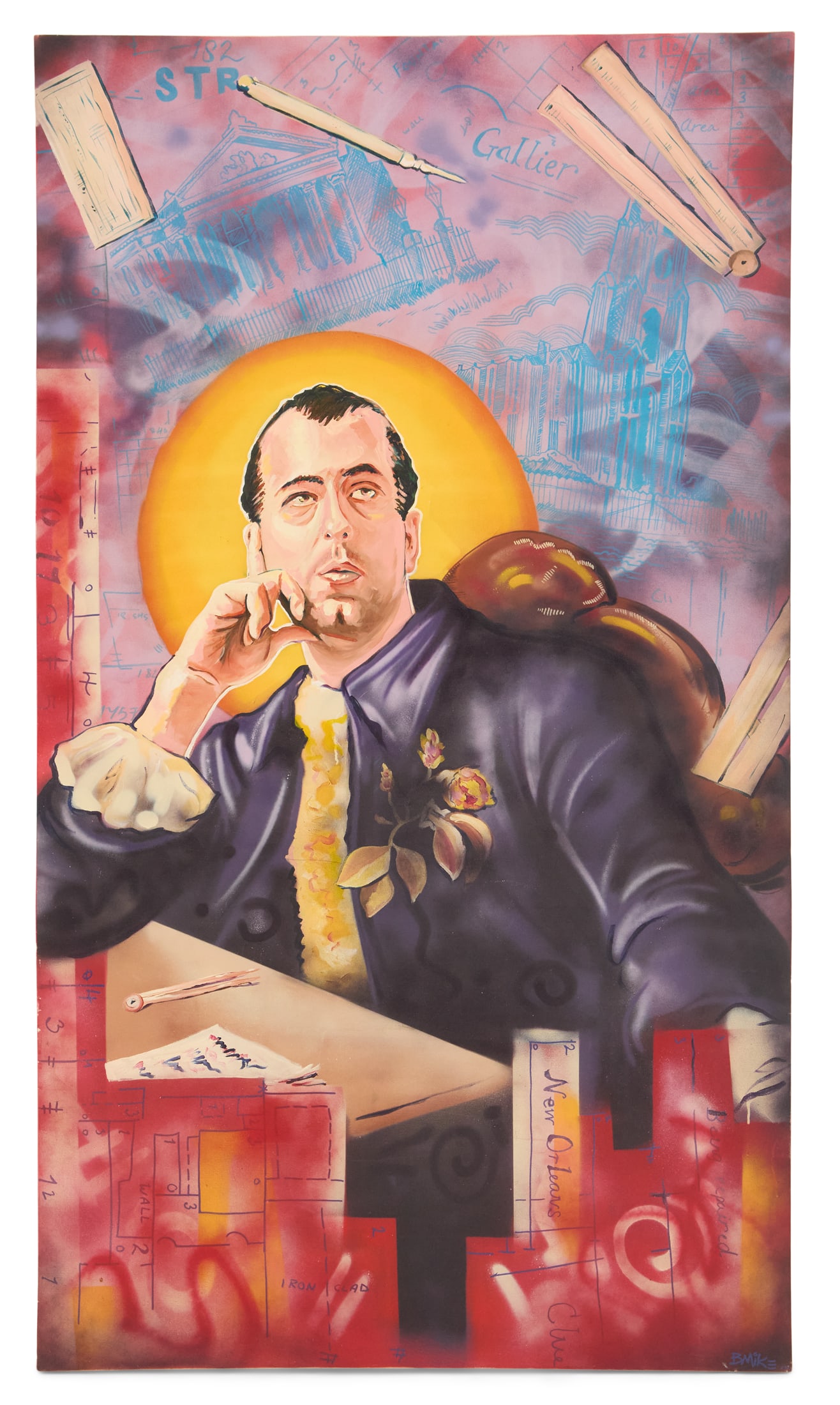 Brandan "BMIKE" Odums (American, Contemporary): Brandan "BMIKE" Odums(American/New Orleans, Contemporary)"James Gallier", 2014acrylic and oil on canvassigned lower right, and signed and dated en verso.Unframed.87-1/2" x 48-1/2" Note: A New Orl