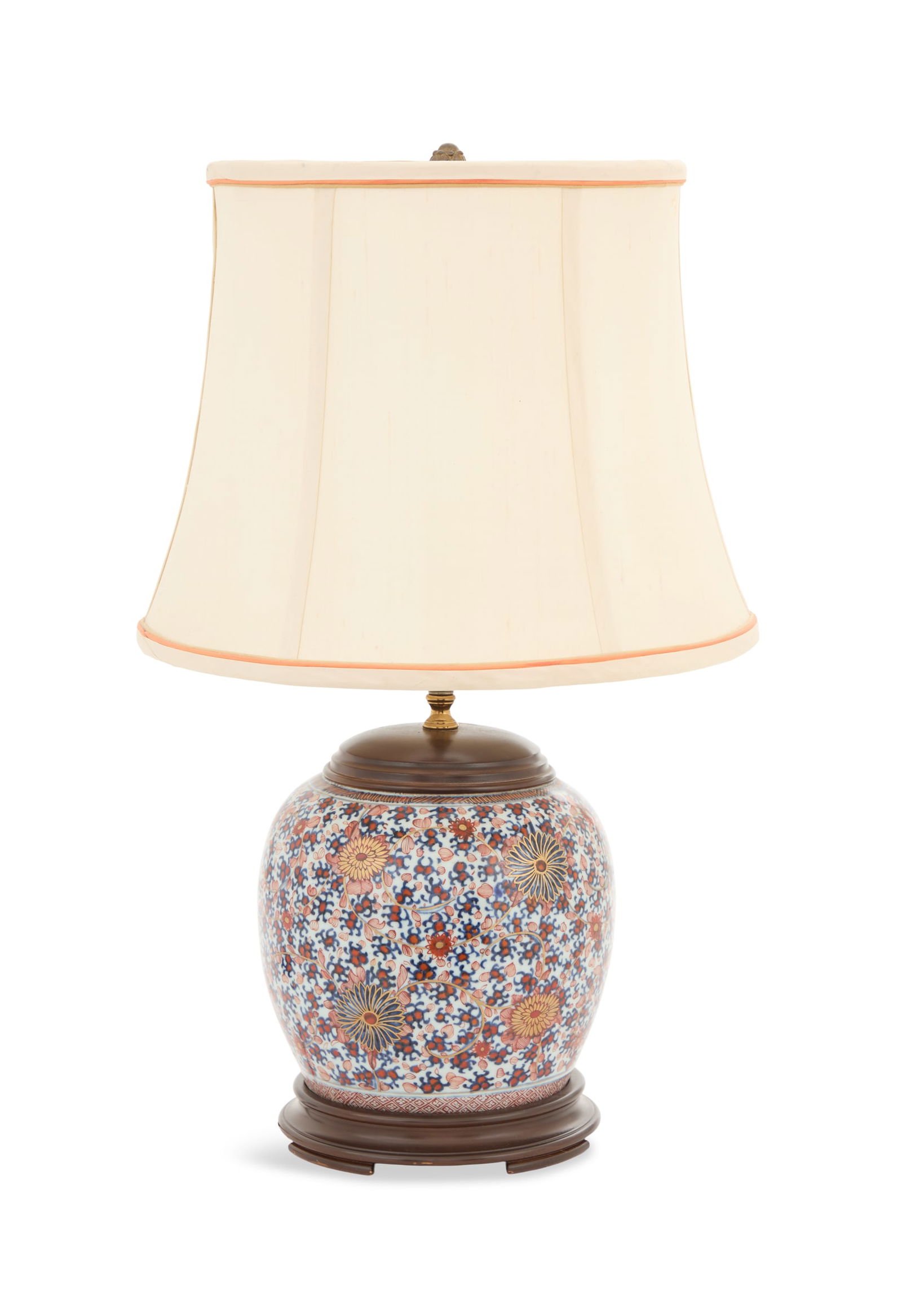 Japanese Imari Porcelain Ginger Jar Lamp: Japanese Imari Porcelain Ginger Jar Lamplate 19th century, decorated with gilt-accented chrysanthemums on a cobalt and orange ground, with wooden fittings, fitted with a lampshade, electrified.h. 21-1