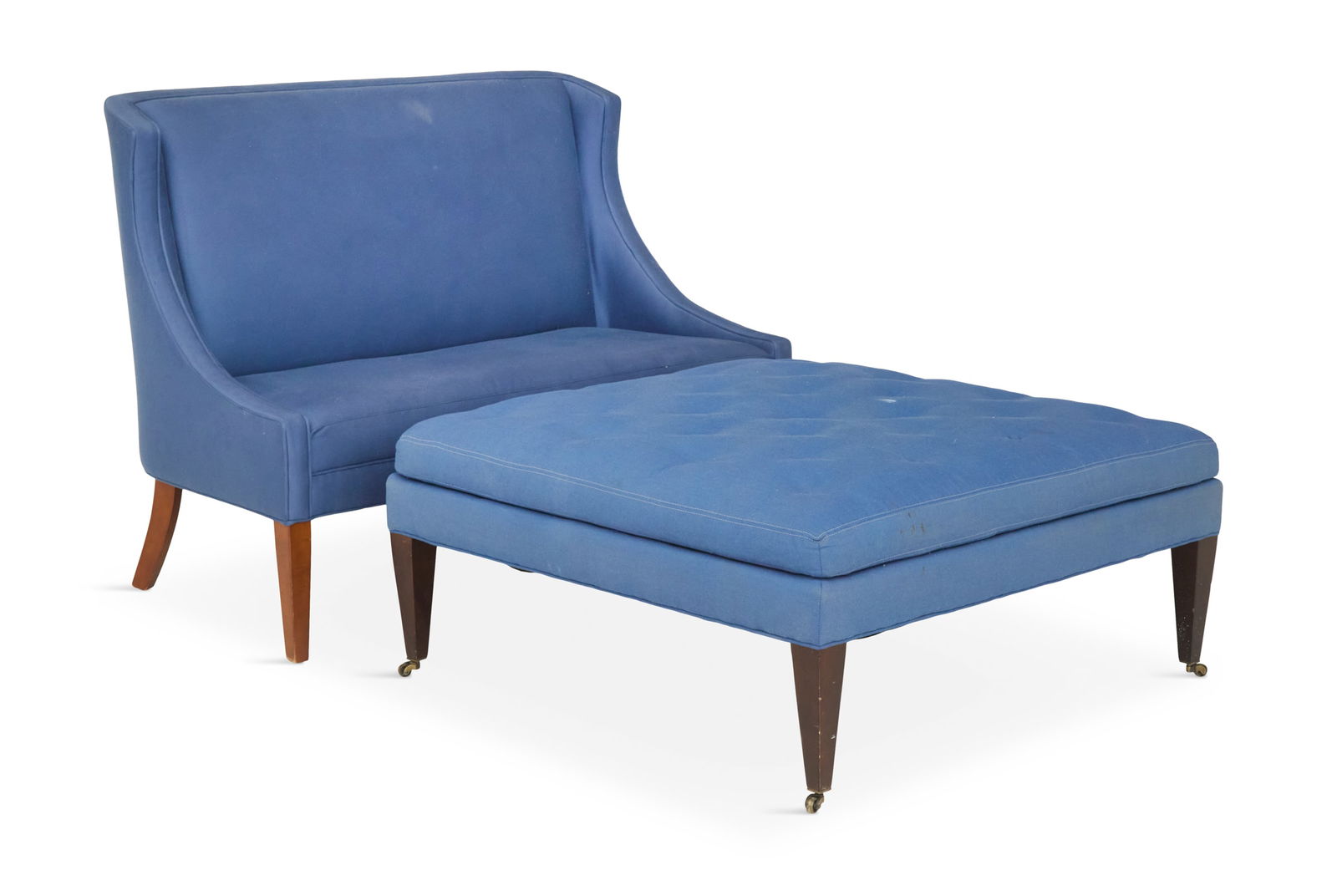 Contemporary Wing-Back Settee and Ottoman: Contemporary Wing-Back Settee and Ottomanthe settee with a padded back and shallow wings with down-curved armrests, raised on tapered square legs, h. 41", w. 50", d. 28", and the matching ottoman with