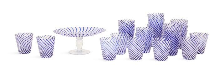 Italian Murano Cobalt and White Swirled Glassware